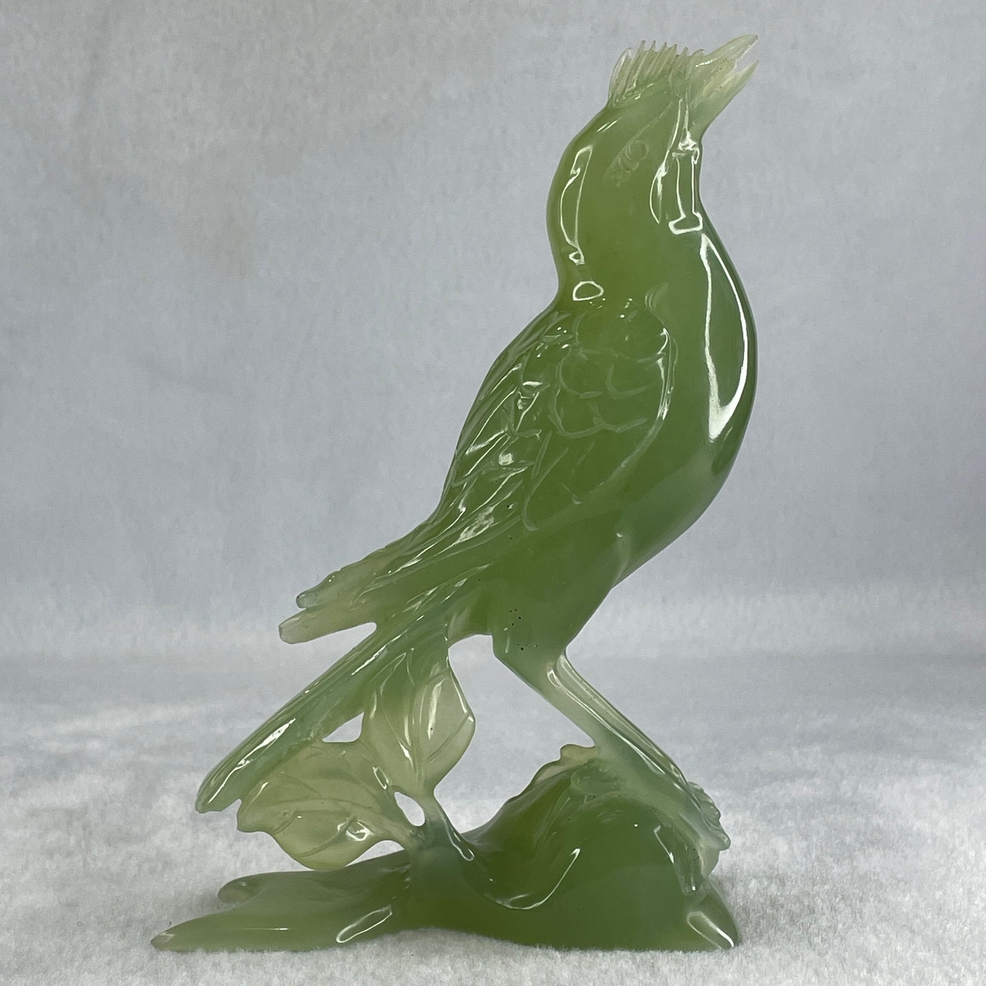 Natural Green Serpentine Javan Mynah Birds on Tree with Wooden Stand Display 353.6g 122.0 by 174.0 by 63.5mm - Huangs Jadeite and Jewelry Pte Ltd