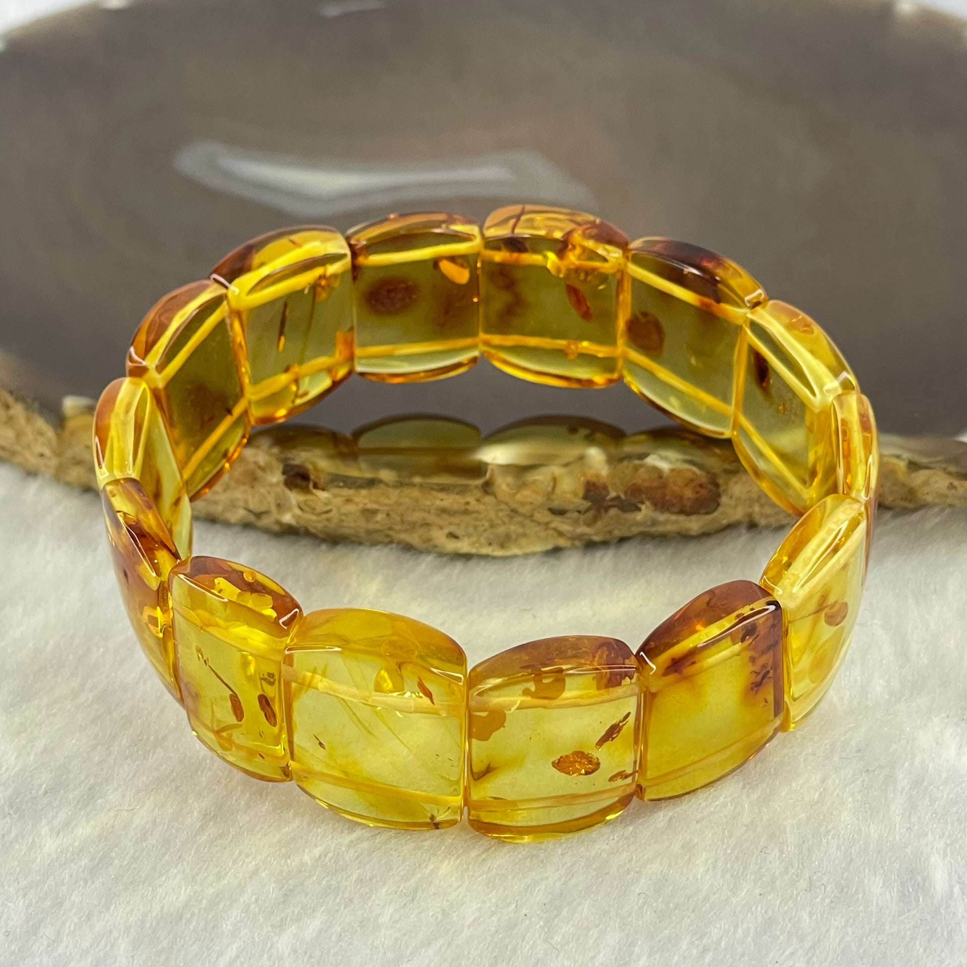 Natural Yellow Flower Amber Shou Pai Bracelet 天然花珀手牌手链 15.96g 16cm 19.8 by 14.4 by 5.1mm 14pcs - Huangs Jadeite and Jewelry Pte Ltd