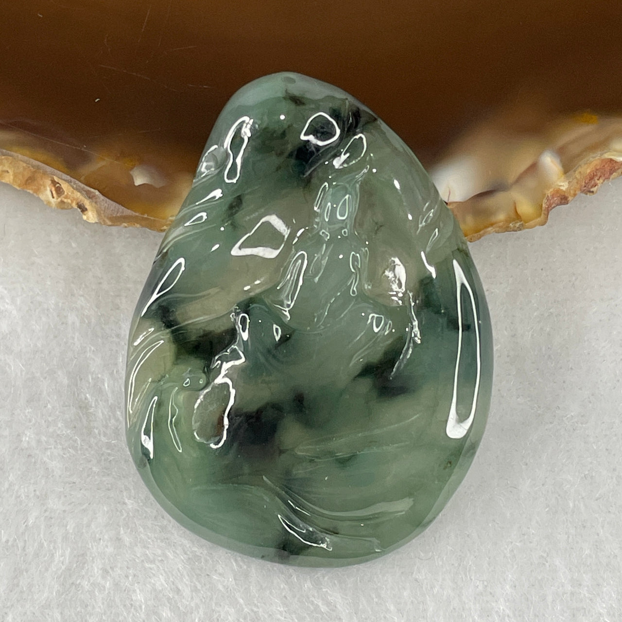 Natural Type A Semi-Icy Blueish-Green Jadeite "Seeking Enlightenment" Pendant with Dark Green Piao Hua | 100% Untreated Master Carved Fei Cui Talisman (12.61g | 42.0mm × 31.3mm × 5.4mm)