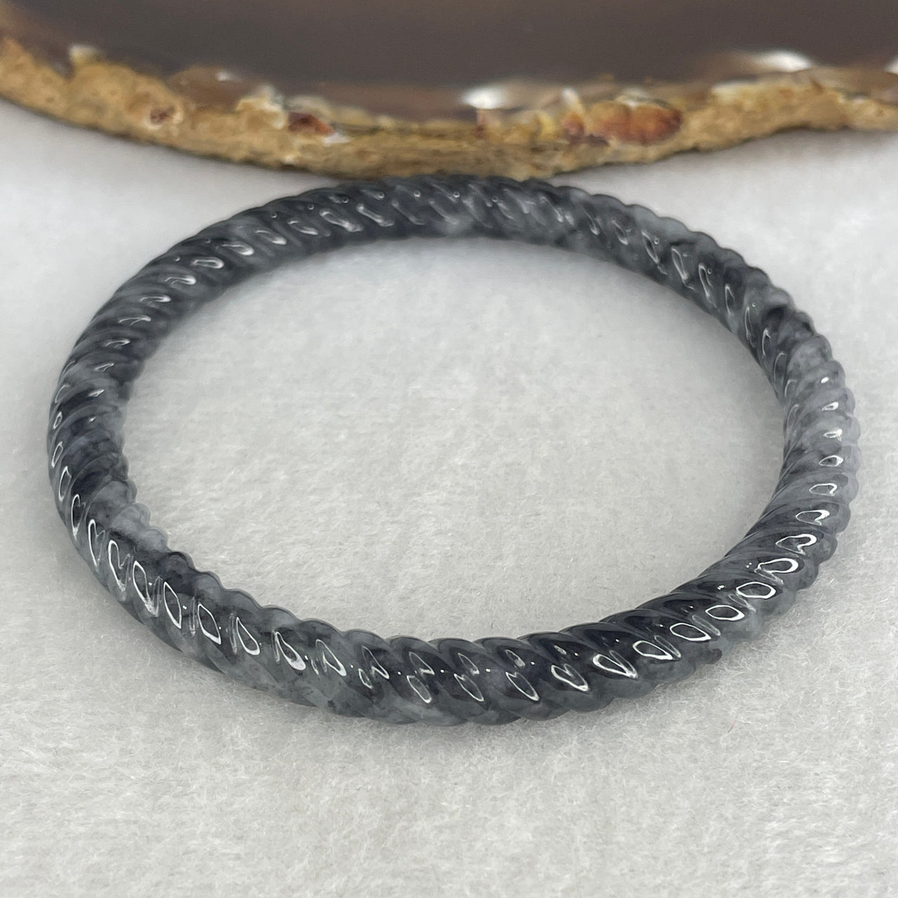 Natural Type A Wuji Grey Jadeite Carved Bangle | 57.4mm Black-Grey Ink Patterned Jade Bracelet (19.32g, 6.4x6.6mm (Internal Lines)