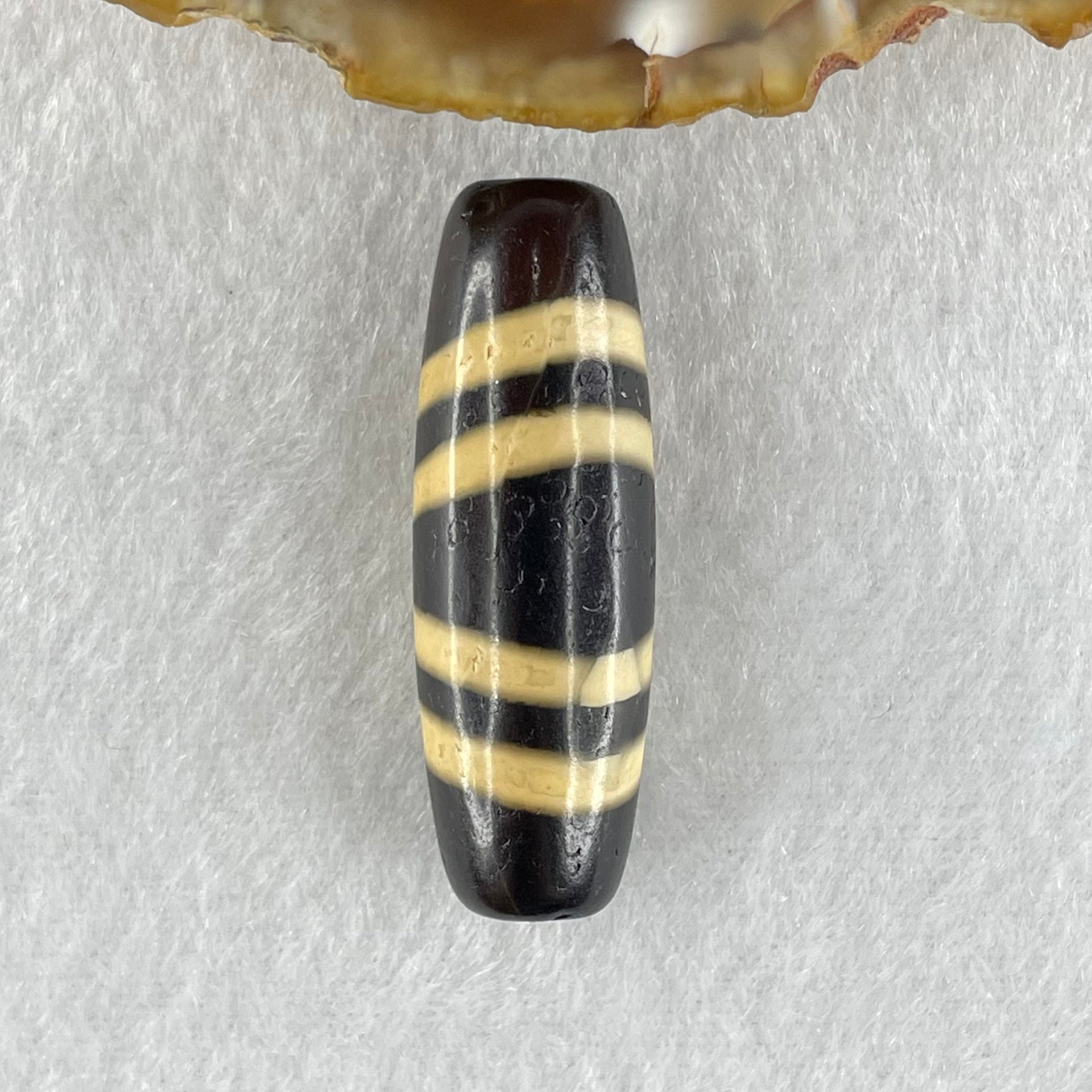 Natural Powerful Tibetan Old Oily Black with Yellowish White Agate 4 Lines Bead Heavenly Master (Tian Zhu) 10.29g 39.2 by 13.0mm - Huangs Jadeite and Jewelry Pte Ltd