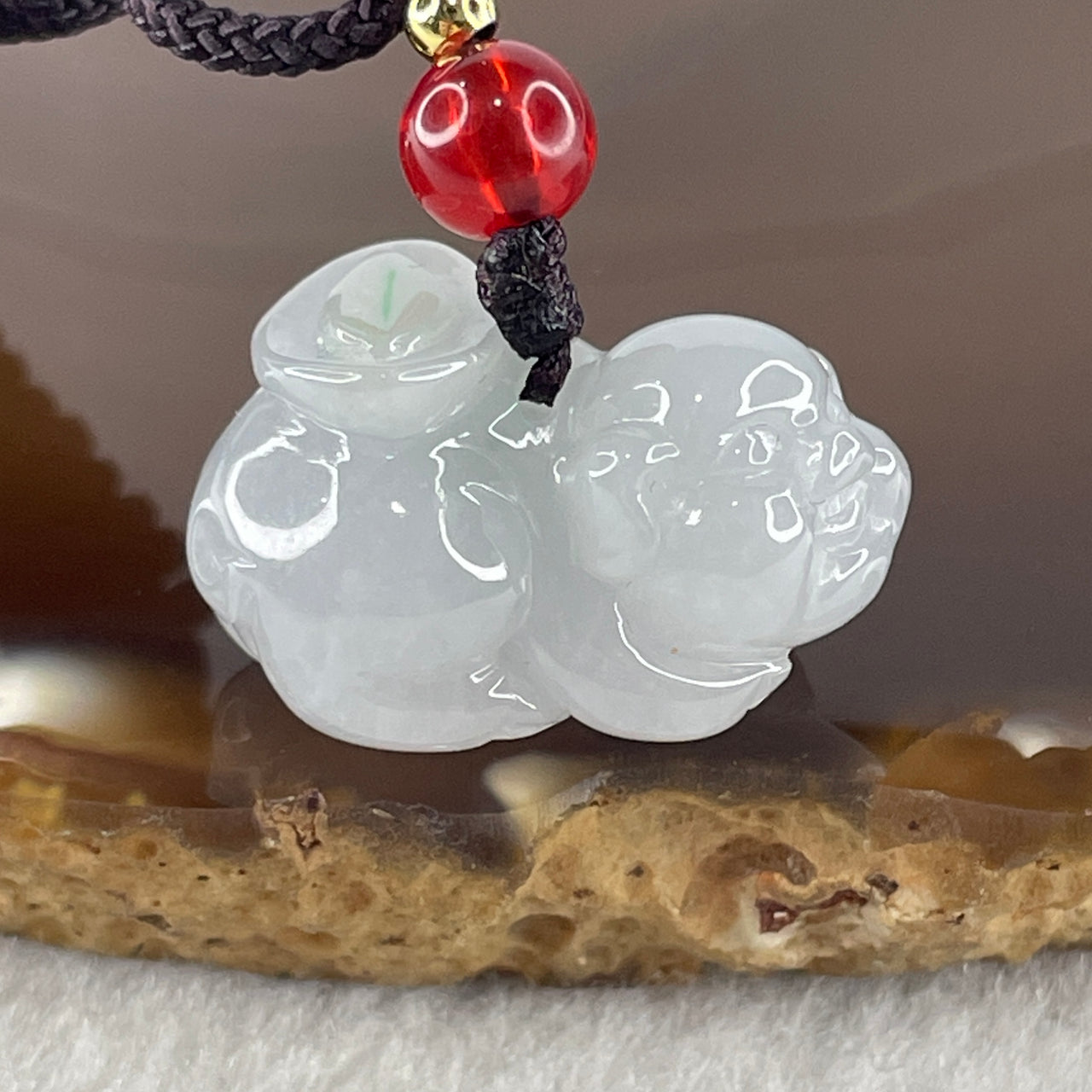 Natural Type A Jelly Lavender Jadeite Pig with Yuan Bao Ingot Necklace 8.36g 22.5 by 13.2 by 13.6mm