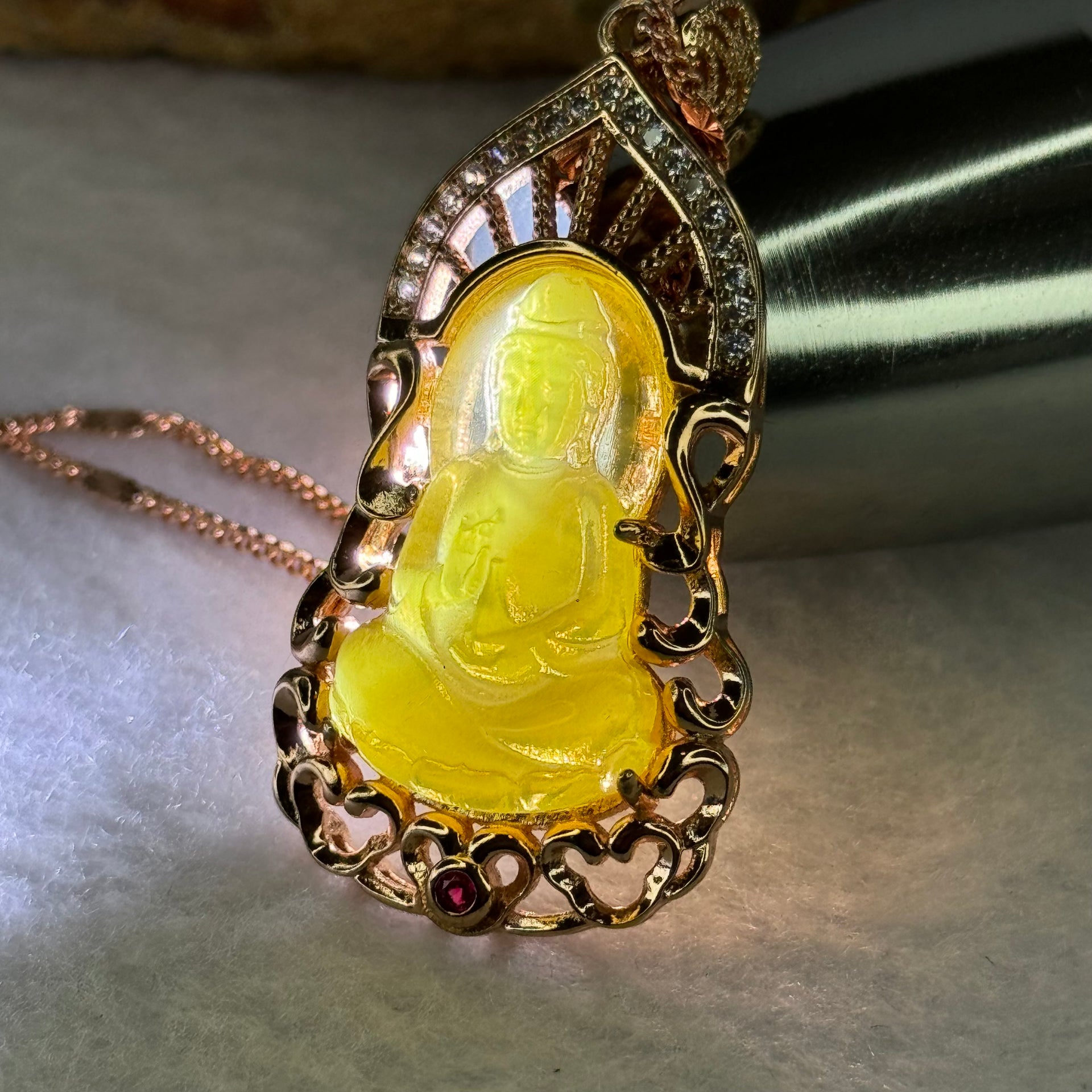 Natural Yellow Amber Guan Yin with Crystals in Silver Rose Gold Color Necklace 7.81g 16.5 by 8.1 by 3.0mm - Huangs Jadeite and Jewelry Pte Ltd