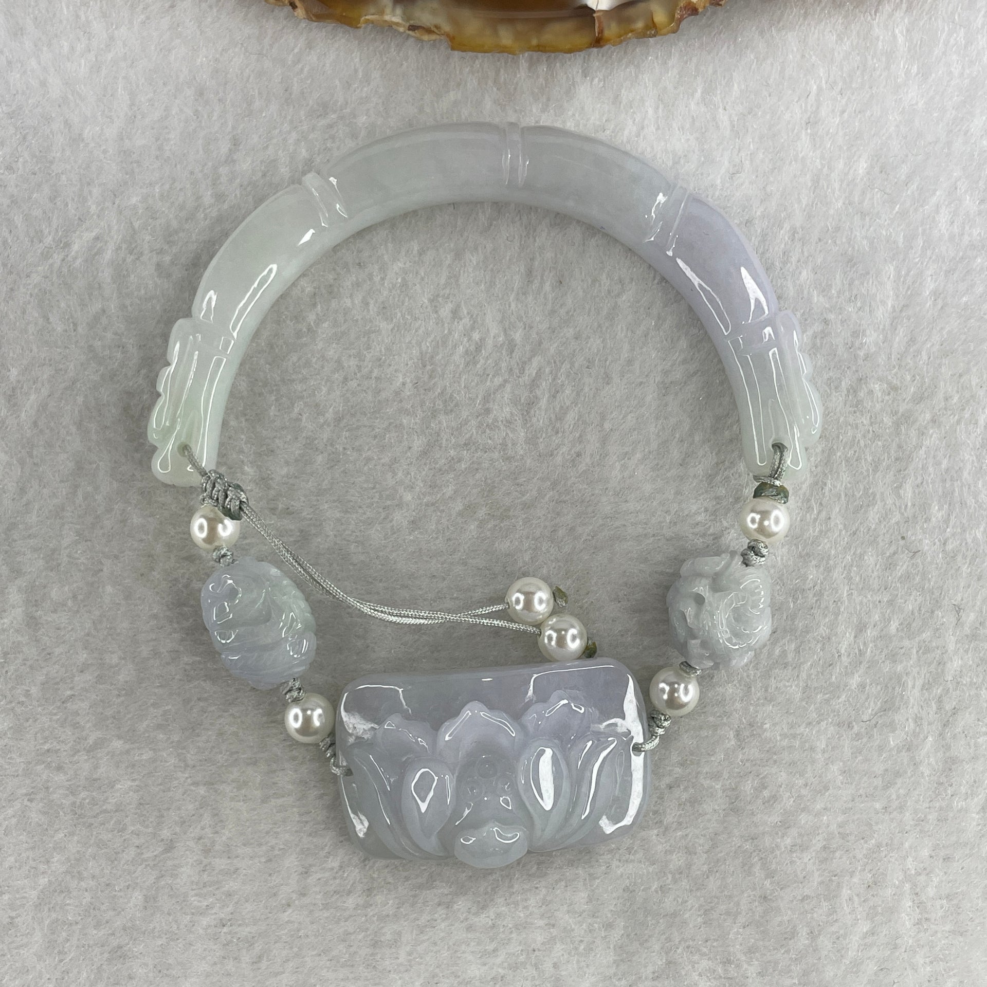 Natural Type A Lavender with Faint Green Jadeite Bamboo with Lotus Flower and Dragon Bracelet 34.11g 17cm 7.9 by 8.6mm - Bamboo 33.2 by 19.1 by 11.8mm - Huangs Jadeite and Jewelry Pte Ltd