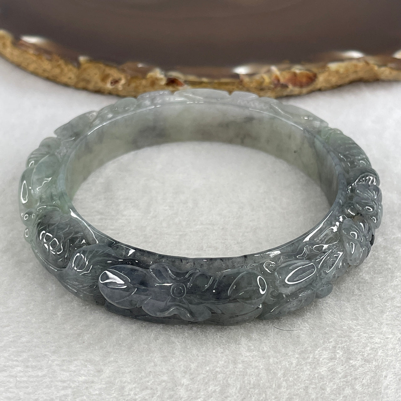 Natural Type A Jelly Jadeite Carved Bangle | 58.2mm Ink-Grey "Wuji" & Light Green Floating Flora | Close to Perfect Master-Sculpted "Double Goldfish & Lotus" Premium Round Heirloom (62.73g 12.0x10.2mm)