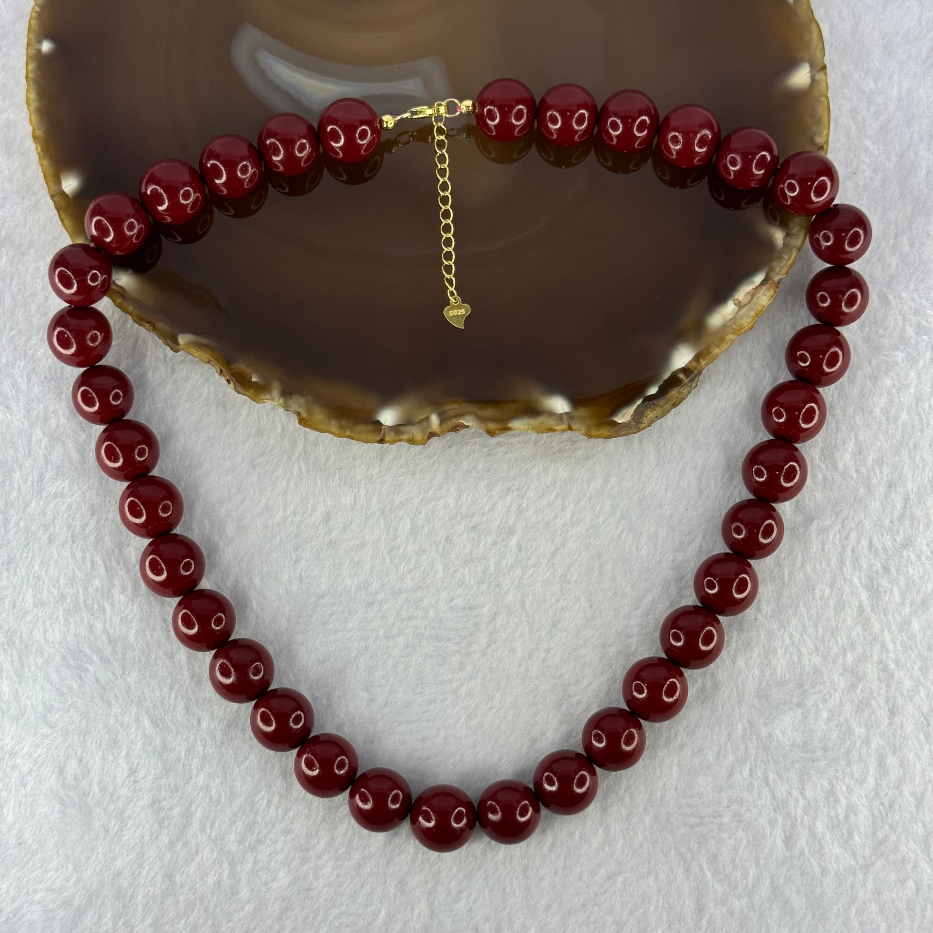 Natural Red Cinnabar Beads Necklace in S925 Sliver Gold Color Clasps 天然紫金沙项链 88.88g 40cm 12.0mm 35 Beads - Huangs Jadeite and Jewelry Pte Ltd