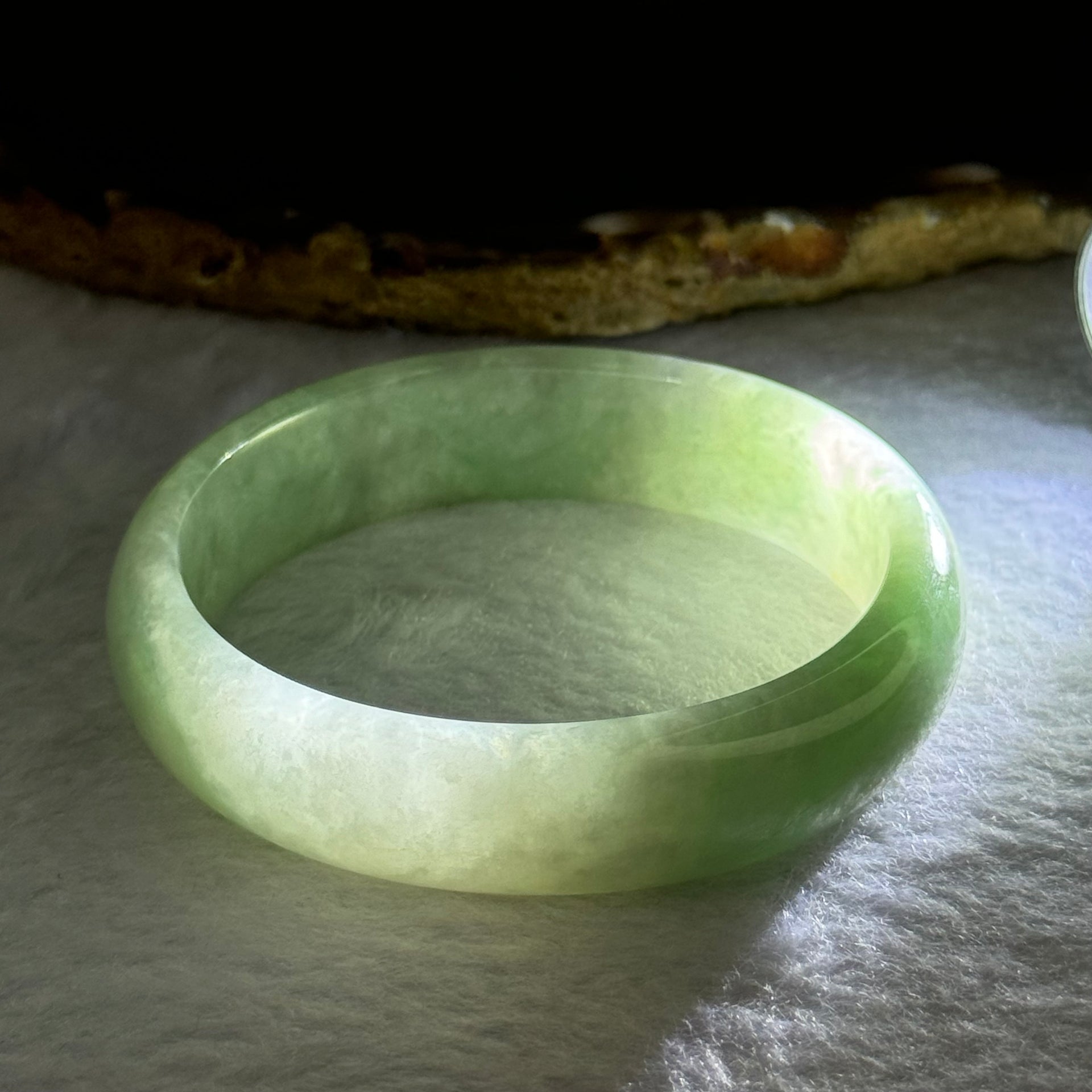 Type A Green Jadeite Oval Bangle 36.75g Internal Diameter 50.2mm 13.4 by 7.2mm (Internal Lines) - Huangs Jadeite and Jewelry Pte Ltd