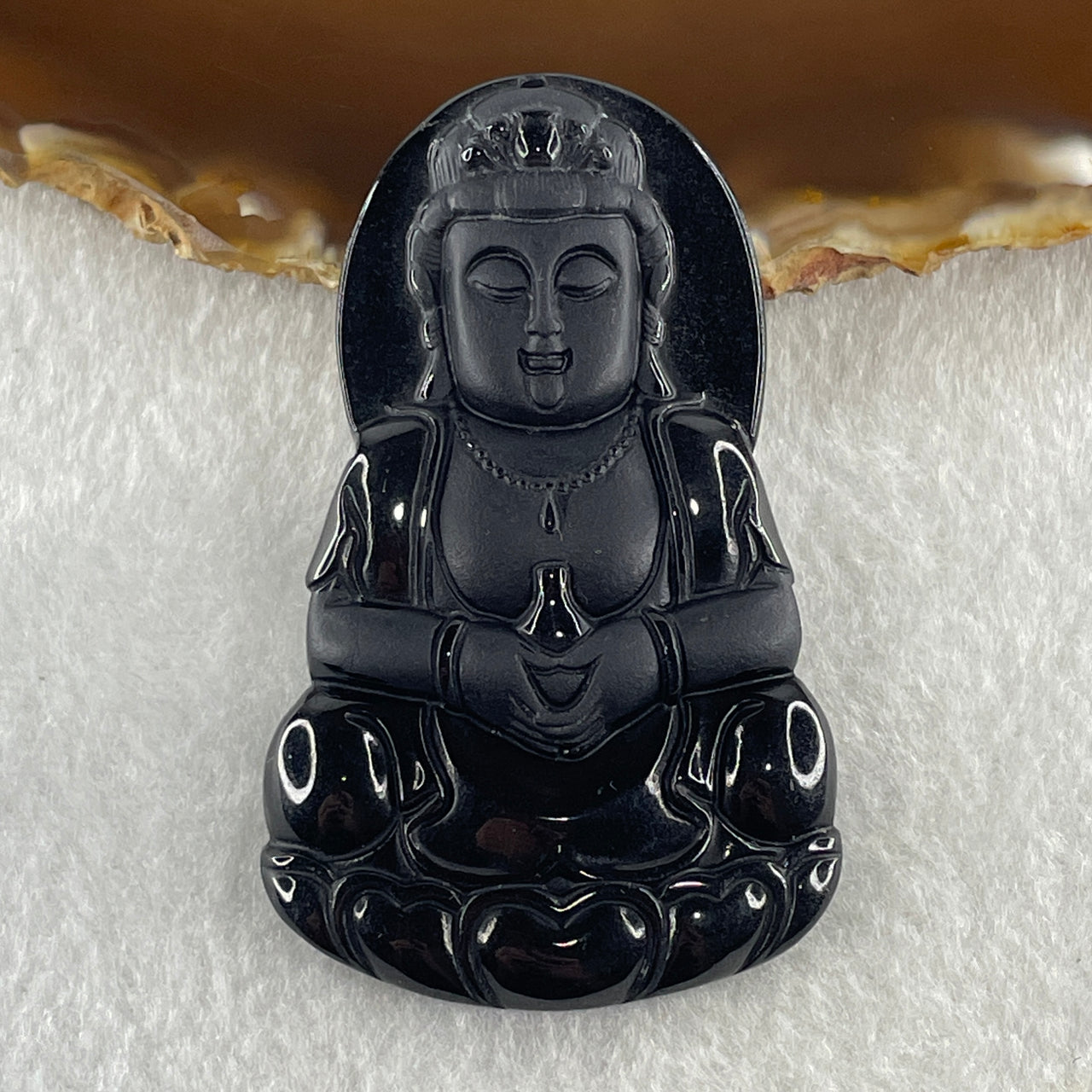 Type A Opaque Black Omphacite Jadeite Guan Yin Pendant 28.39g 63.4 by 38.8 by 7.5mm - Huangs Jadeite and Jewelry Pte Ltd