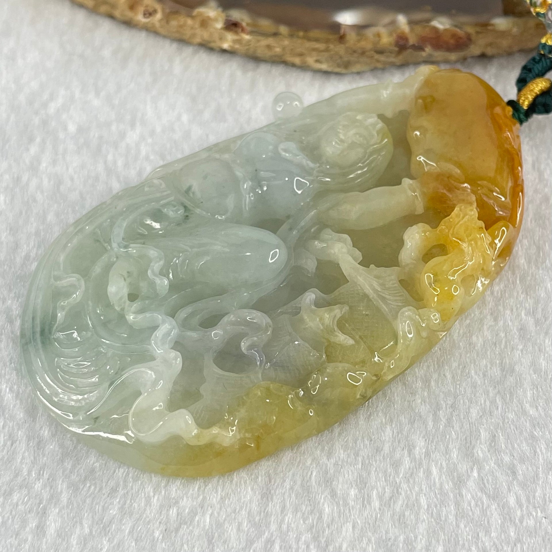 Type A Light Faint and Lavender with Yellow Brownish Red Patches Jadeite Double Sided Chinese Flying Fairy With Dragon and Shan Shui Pendant 100.99g 83.7 by 50.6 by 12.0mm - Huangs Jadeite and Jewelry Pte Ltd