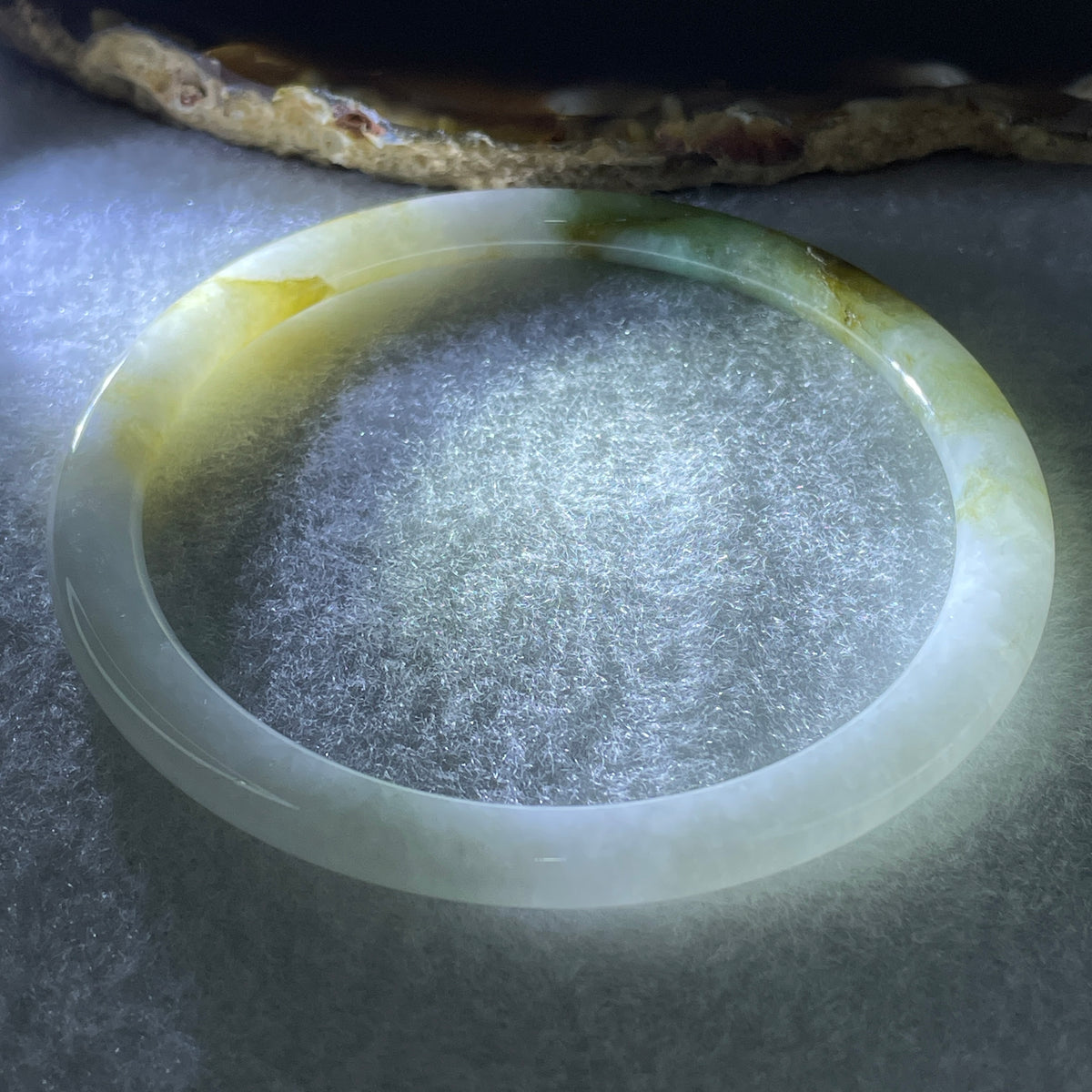 Certified Natural Type A Near White & Yellowish Green Jadeite Bangle | 60.0mm Inner Diameter (19.81g 5.2x6.8mm | External Line | Abundance & Pure Heart Harmony) - Huangs Jadeite and Jewelry Pte Ltd