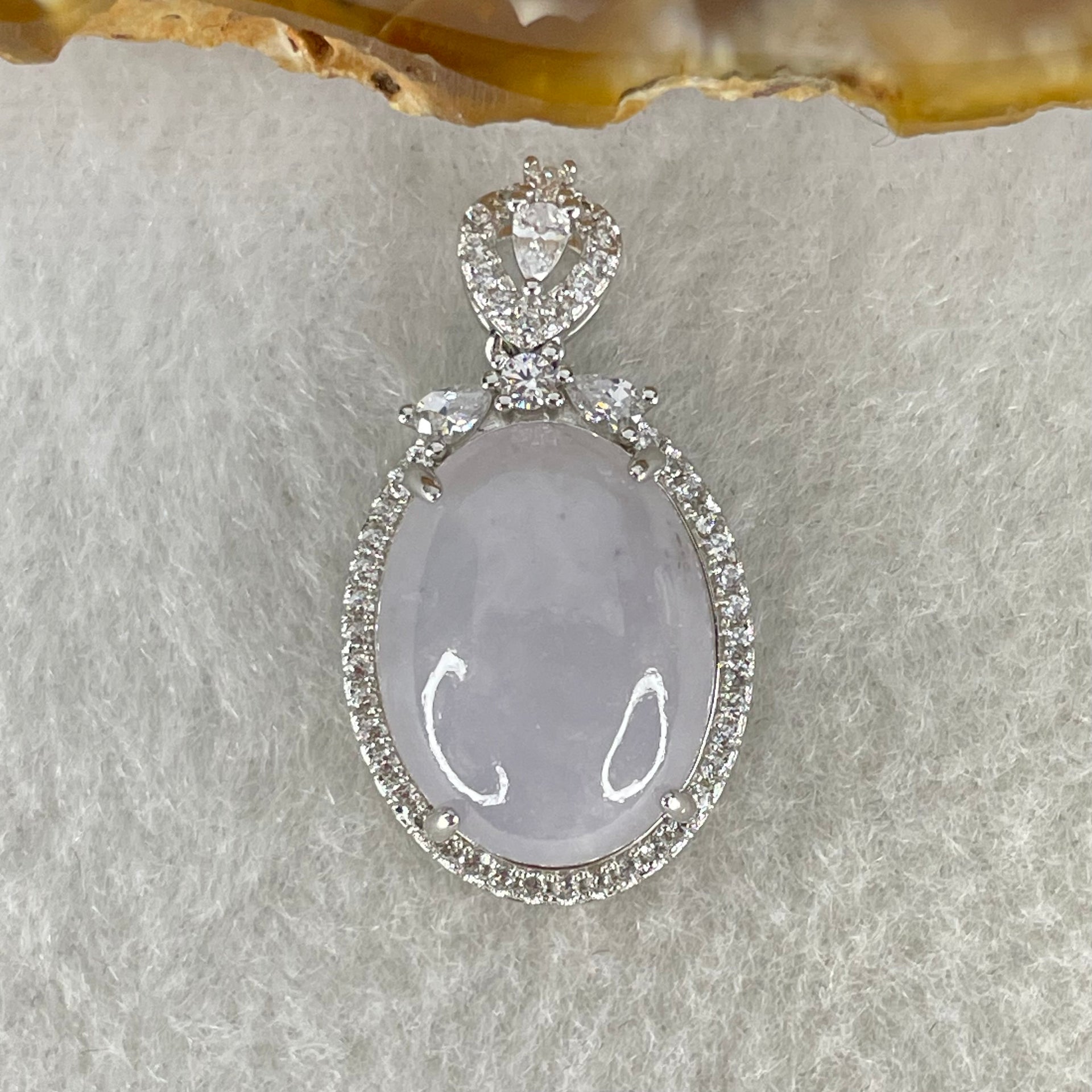 Type A Deep Lavender Cabochon Jadeite in S925 Sliver with Crystal Charm 4.30g 15.6 by 11.7 by 5.0mm - Huangs Jadeite and Jewelry Pte Ltd