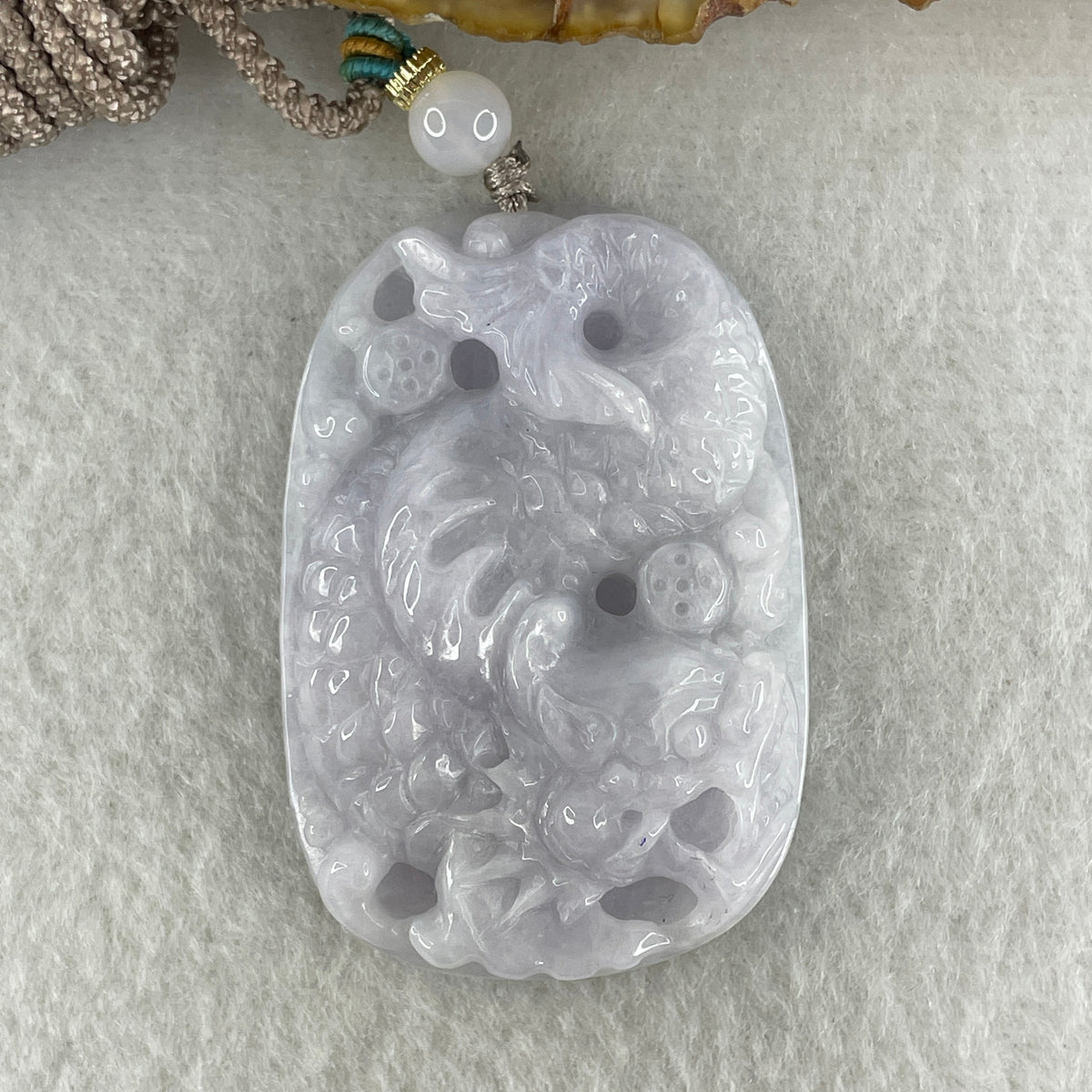Natural Type A Lavender Jadeite Dragon Carp with Lotus Pendant | Transformation, Academic & Career Success Talisman (37.83g | 47.3 x 32.2 x 12.1mm) - Huangs Jadeite and Jewelry Pte Ltd
