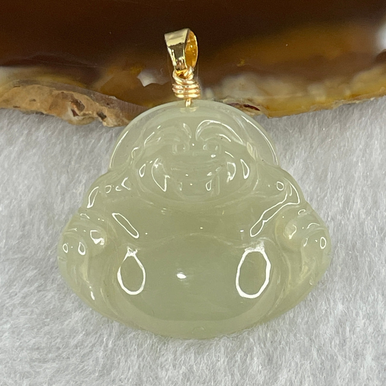 Natural Type A Icy Faint Yellowish Green Jadeite Milo Buddha Pendant in Gold Color Stainless Steel Clasp 5.22g 24.5 by 28.0 by 5.8mm