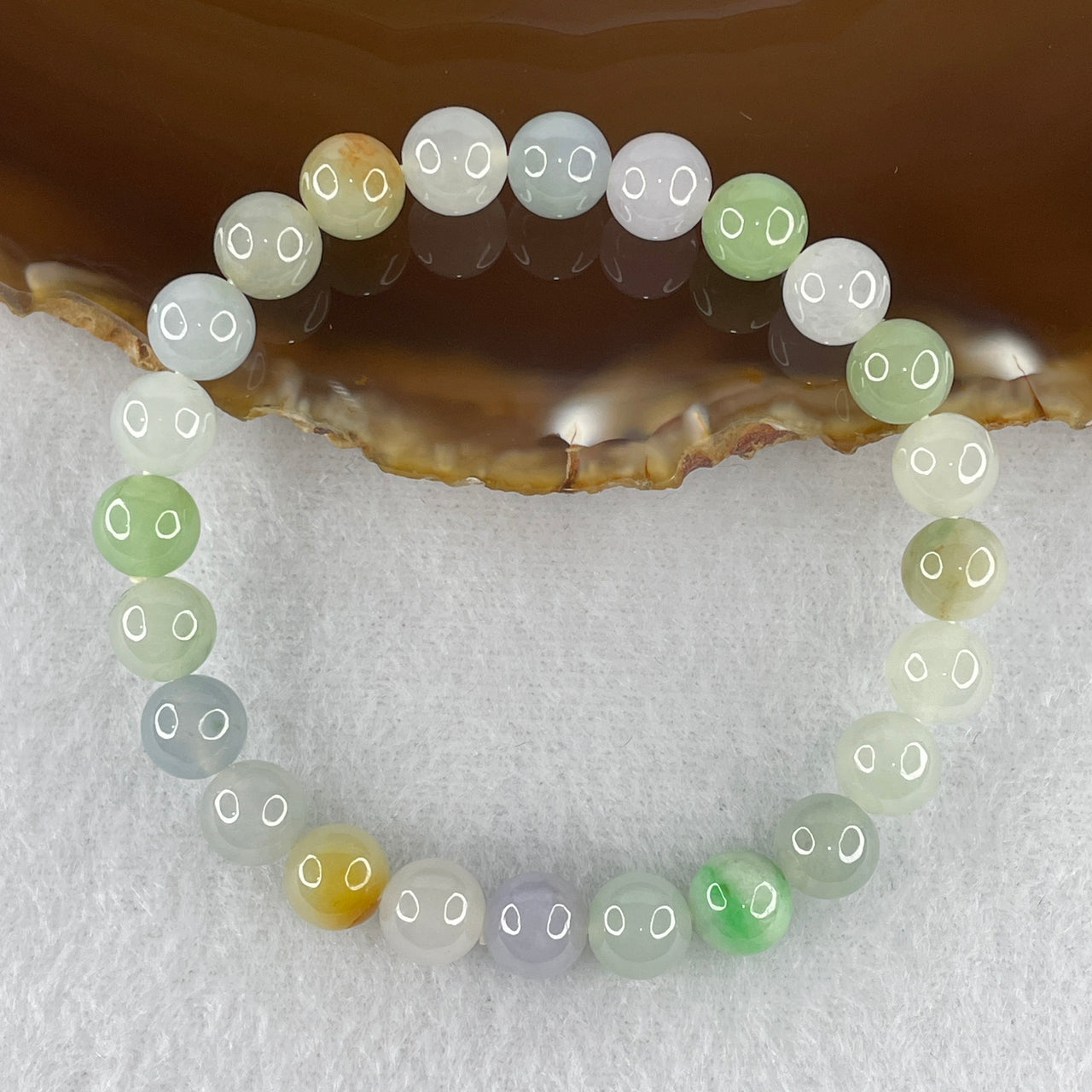 Natural Type A Five-Color Multicolor Jadeite Bracelet | 15.5cm Petite 7.9mm Round Light Green Blueish Green White Lavender Yellow Cosmic Blessing Strand (19.02g, 24 Beads)