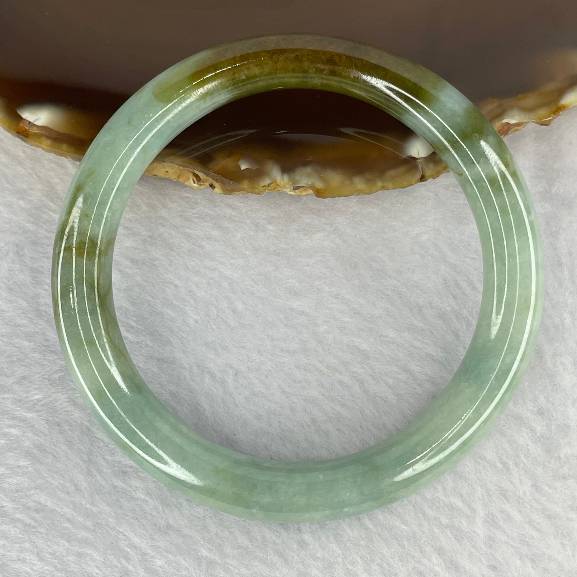 Type A Blueish Green with Brown Patches Jadeite Bangle 41.09g 9.3 by 8.7 mm Internal Diameter 55.0mm (Internal Lines) - Huangs Jadeite and Jewelry Pte Ltd