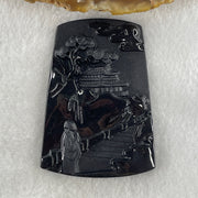 Type A Opaque to Partial Translucent Black Omphacite Jadeite Shan Shui with Guiren Benefactor Pendant 23.01g 60.5 by 42.6 by 6.2mm - Huangs Jadeite and Jewelry Pte Ltd
