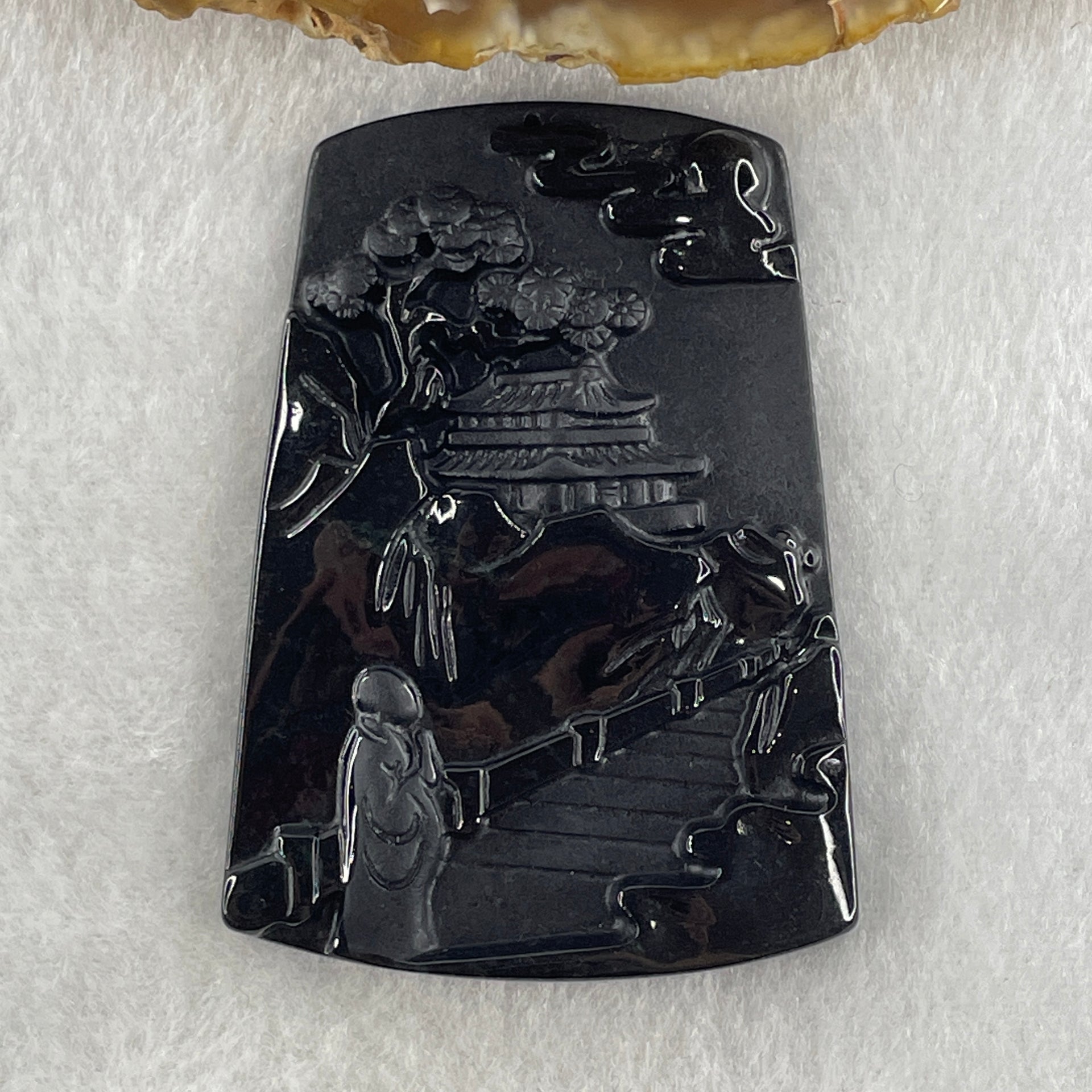 Type A Opaque to Partial Translucent Black Omphacite Jadeite Shan Shui with Guiren Benefactor Pendant 23.01g 60.5 by 42.6 by 6.2mm - Huangs Jadeite and Jewelry Pte Ltd