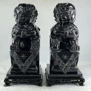 Black Pair of Fu Gou with Wooden Stand Display 5,365.5g Each about 110.0 by 15.0 by 230.0mm - Huangs Jadeite and Jewelry Pte Ltd