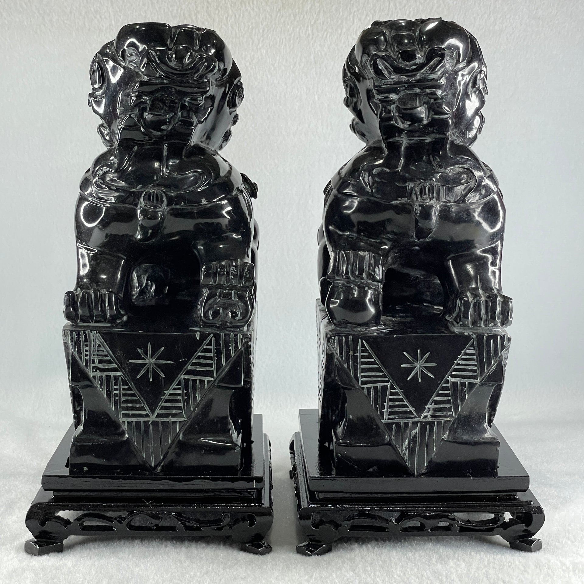 Black Pair of Fu Gou with Wooden Stand Display 5,365.5g Each about 110.0 by 15.0 by 230.0mm - Huangs Jadeite and Jewelry Pte Ltd