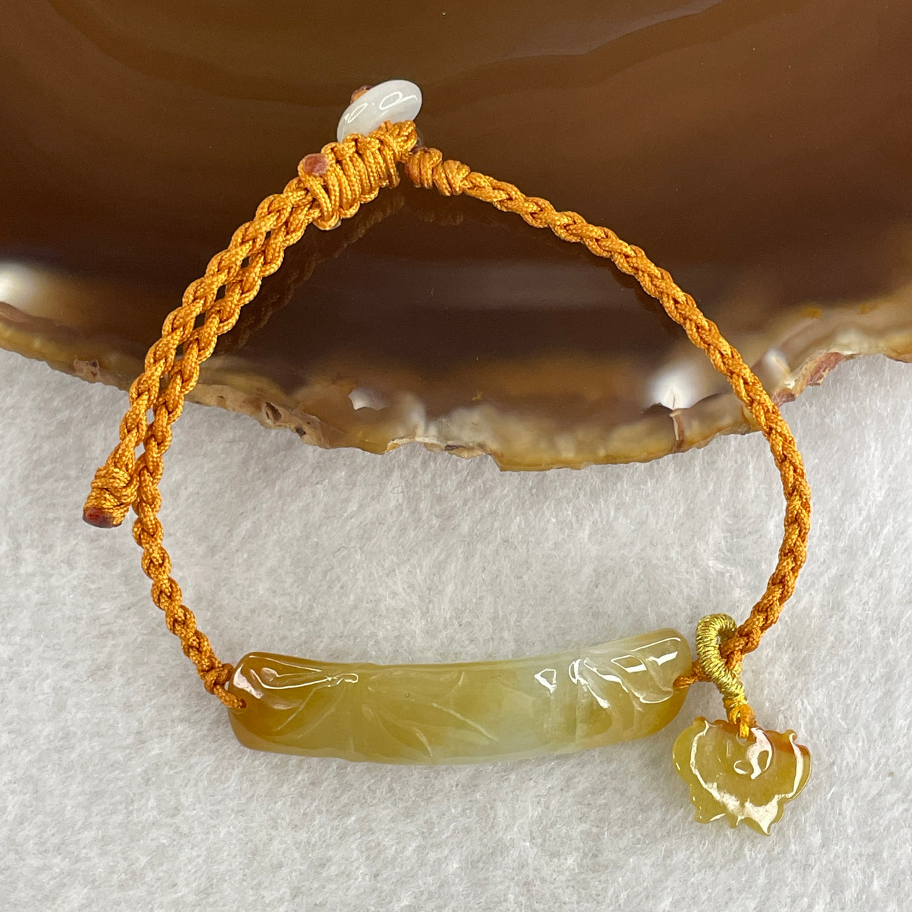 Natural Type A Yellowish with Light Green Jadeite Bamboo with Butterfly in String Bracelet 3.97g 14-16cm 39.1 by 9.1 by 2.9mm