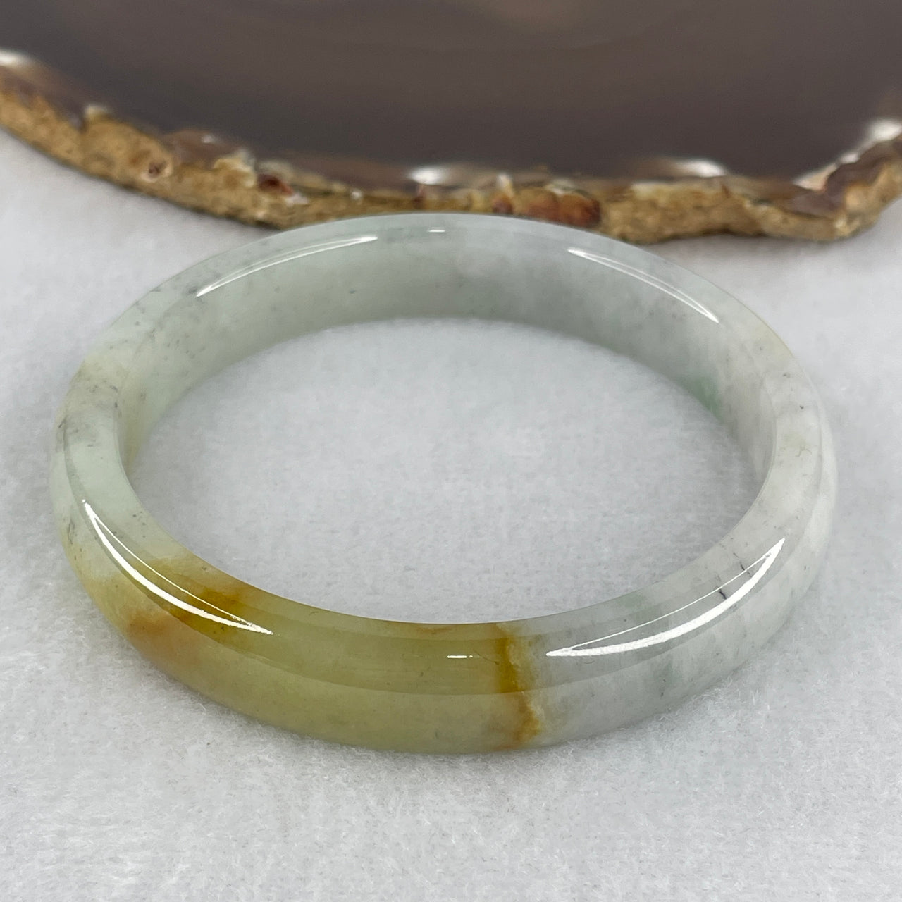 Certified Natural Type A Faint Green, Yellowish & Wuji Grey Piao Hua Jadeite Bangle | Majestic Round Court Silhouette | Substantial Myanmar Feicui Flawless Abundance & Auric Armor Bangle (51.34g 11.8x7.0mm | 62.0mm Inner Diameter | Perfect)