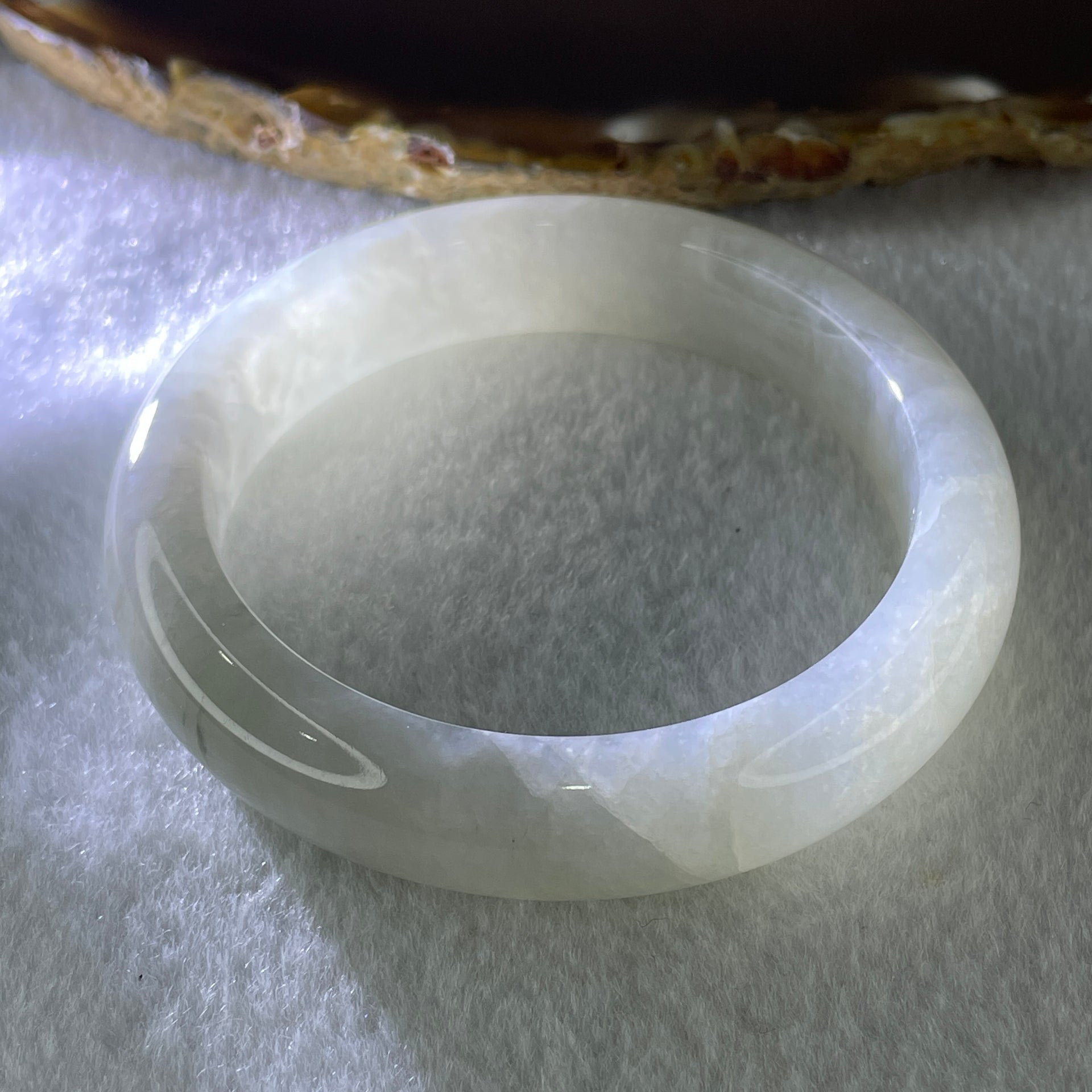 Natural Type A Jelly Faint Green to White Jadeite Bangle 57.86g Inner Diameter 53.8mm 12.7 by 8.1mm (External and Internal Lines) - Huangs Jadeite and Jewelry Pte Ltd