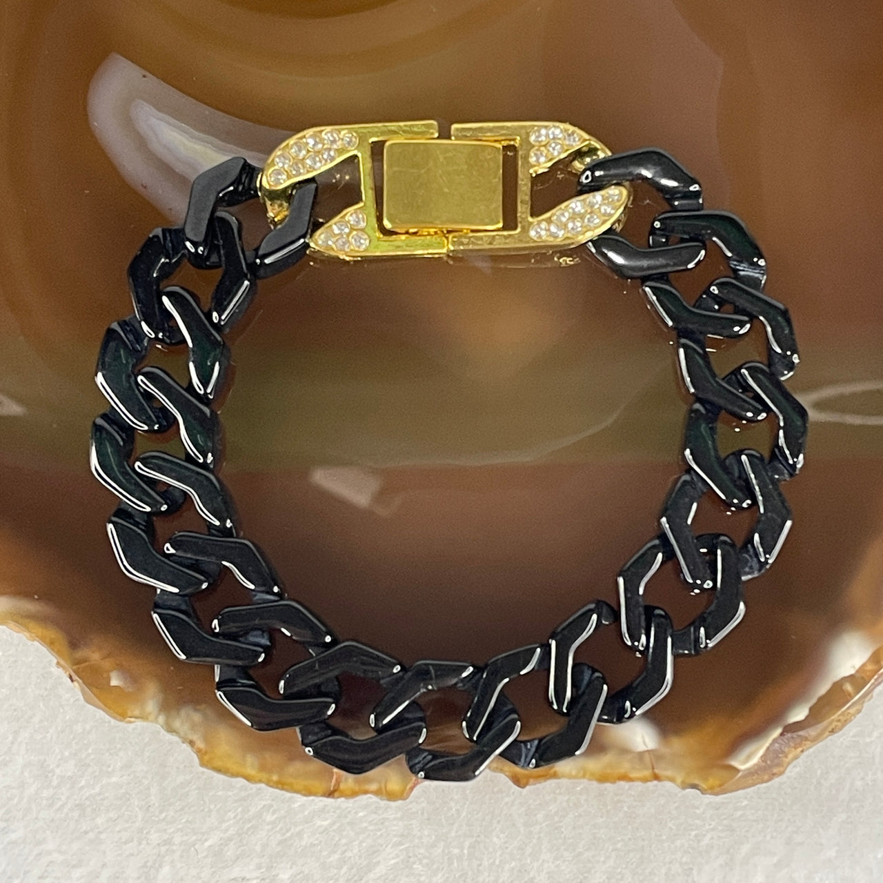 Certified Natural Type A Black Omphacite Jadeite Cuban Tennis Bracelet with Gold Color and Cubic Zirconia Clap 28.10g Up to 19cm 14.0 by 5.0mm 17 Pcs