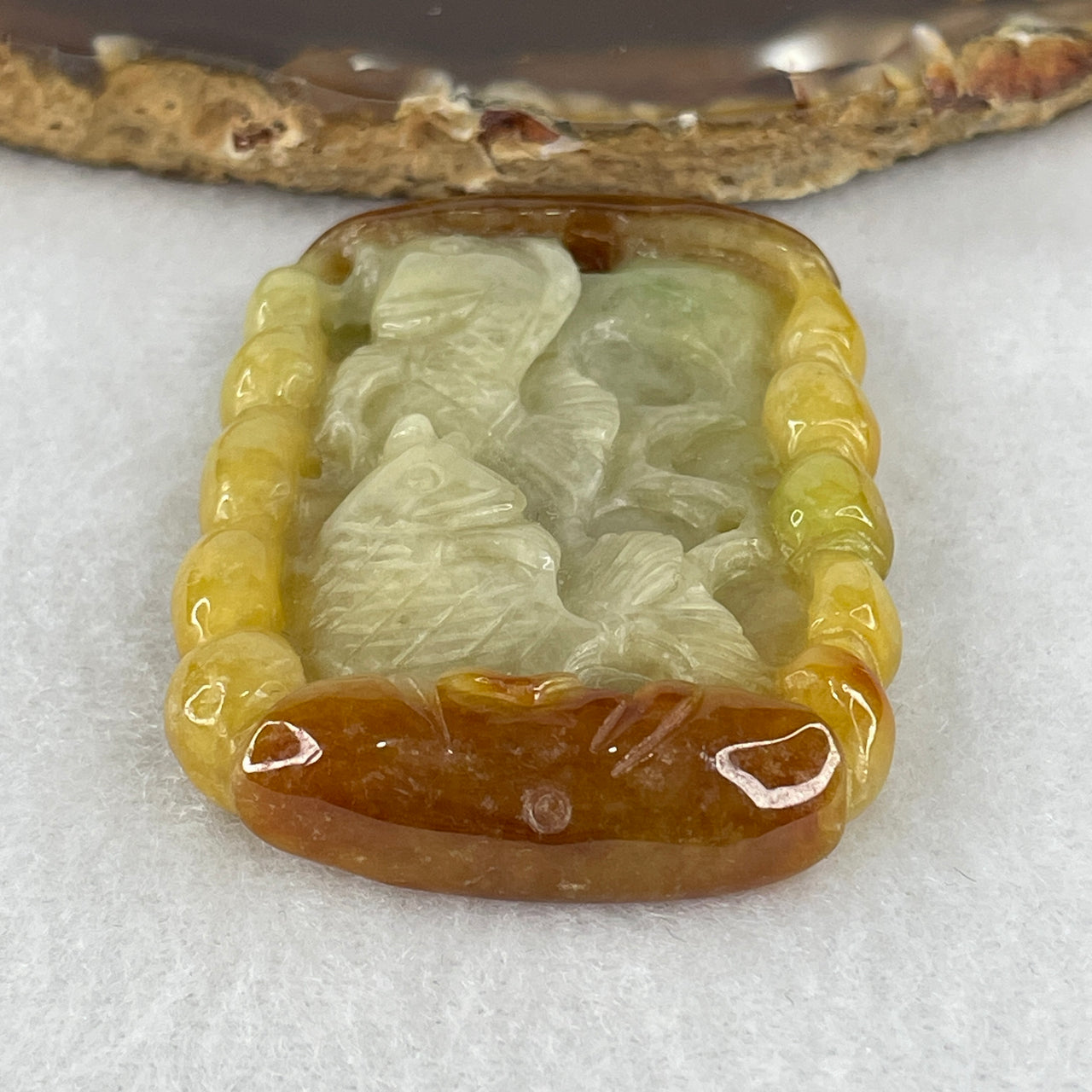 Natural Type A Yellow & Brownish Jadeite Double-Sided "Twin Fish with Coins" Pendant | 100% Untreated Master Carved Fei Cui Talisman (37.00g | 39.3mm × 52.6mm × 10.0mm)