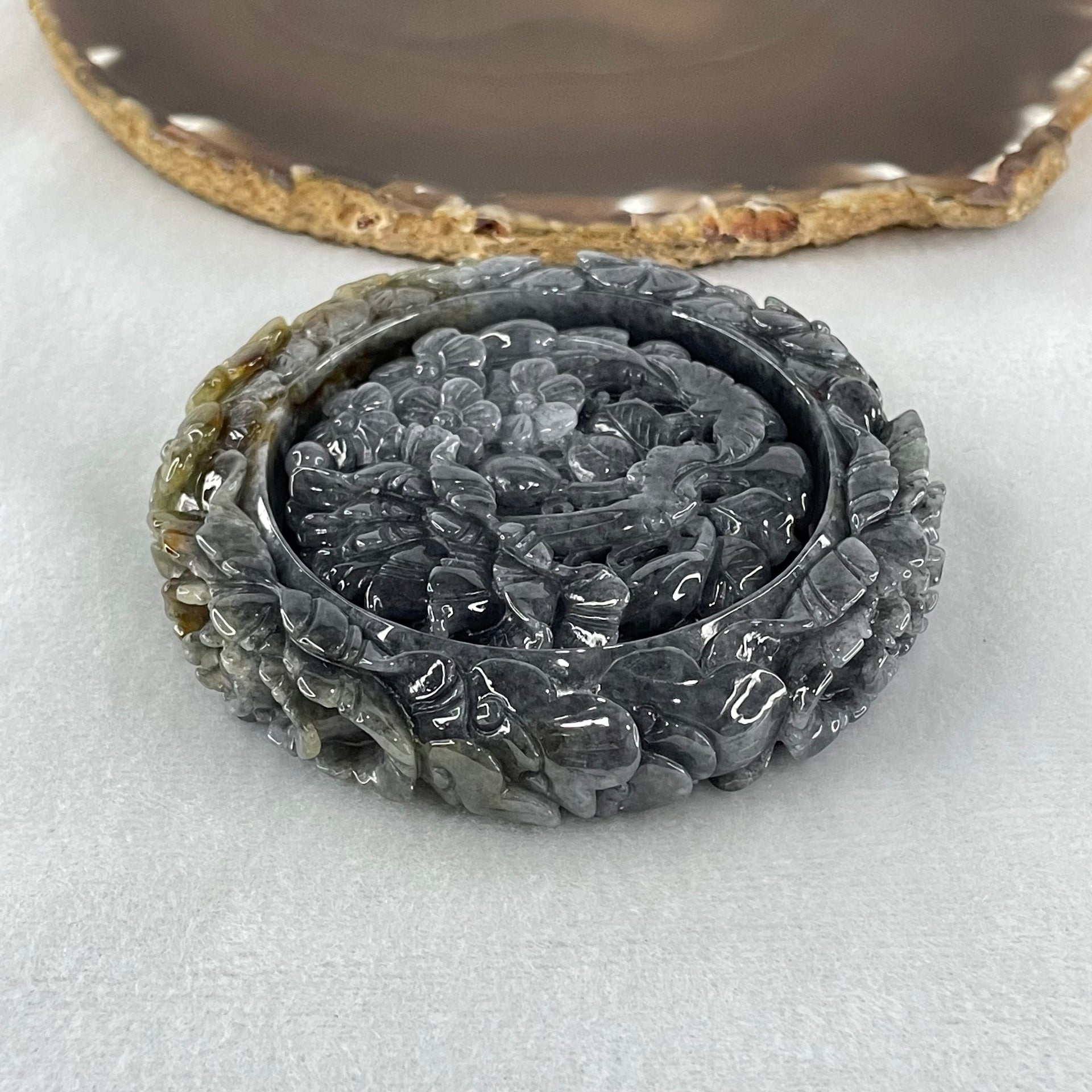 Type A Wuji Grey with Brown Jadeite Bird with Prosperity Flowers and Ruyi Bangle Inner Diameter 58.4mm 14.1 by 13.5mm and Pendant 56.5 by 14.4mm Total Weight 192.46g - Huangs Jadeite and Jewelry Pte Ltd