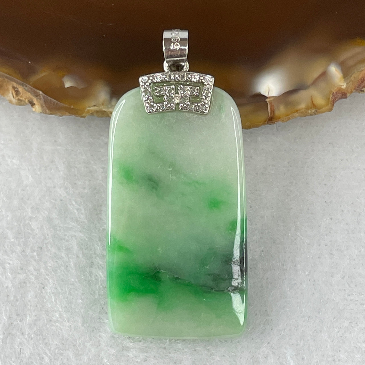 Certified Natural Type A Green & Apple Green Piao Hua Jadeite Wu Shi Pai Pendant | Premium S925 Sterling Silver Setting | Authentic Myanmar Feicui Absolute Peace & Protection Safety Tablet (6.44g | 32.0x18.3x3.3mm)