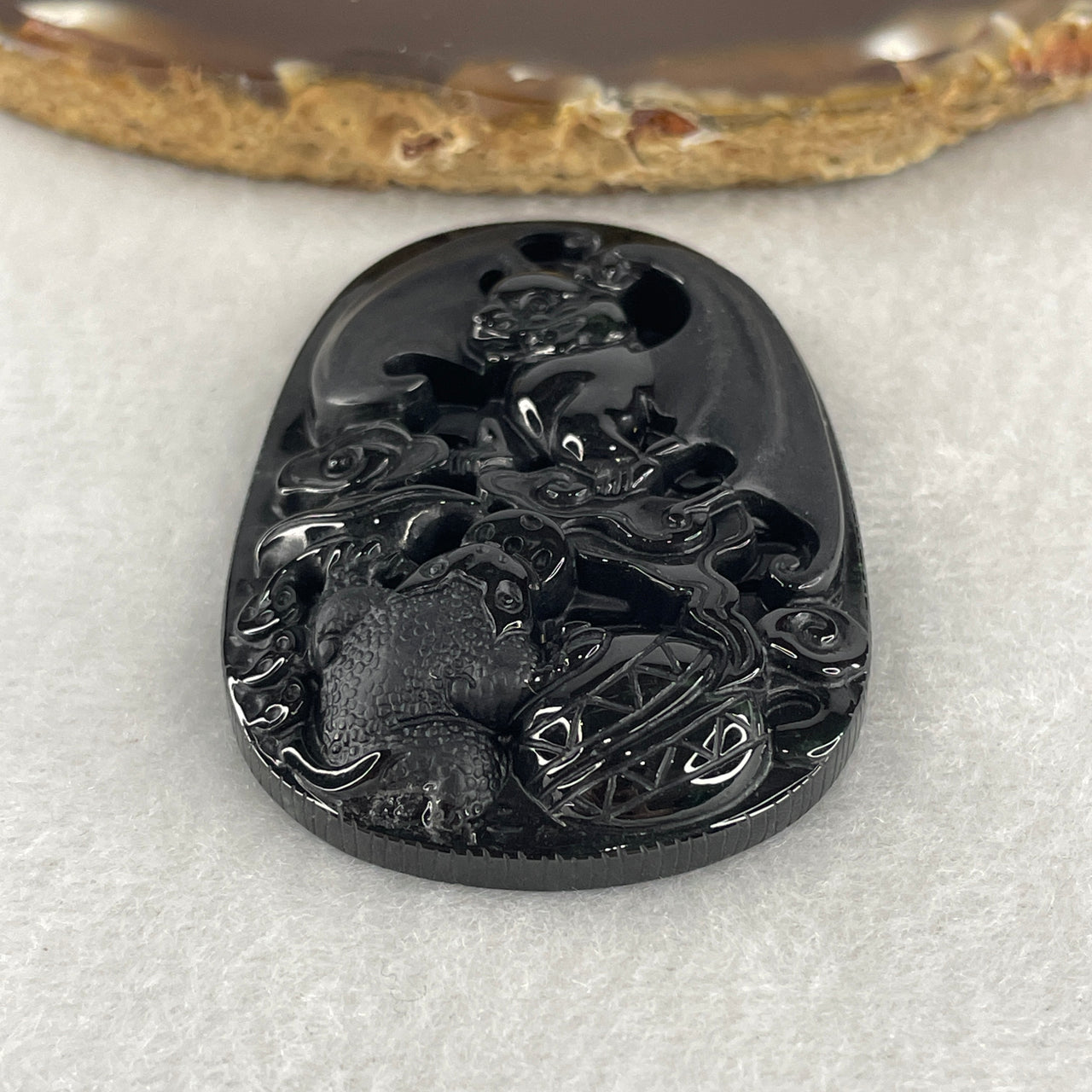 Certified Natural Type A Black Omphacite Jadeite Bat and 3 Legged Toad Pendant 27.77g 56.4 by 38.4 by 8.9mm