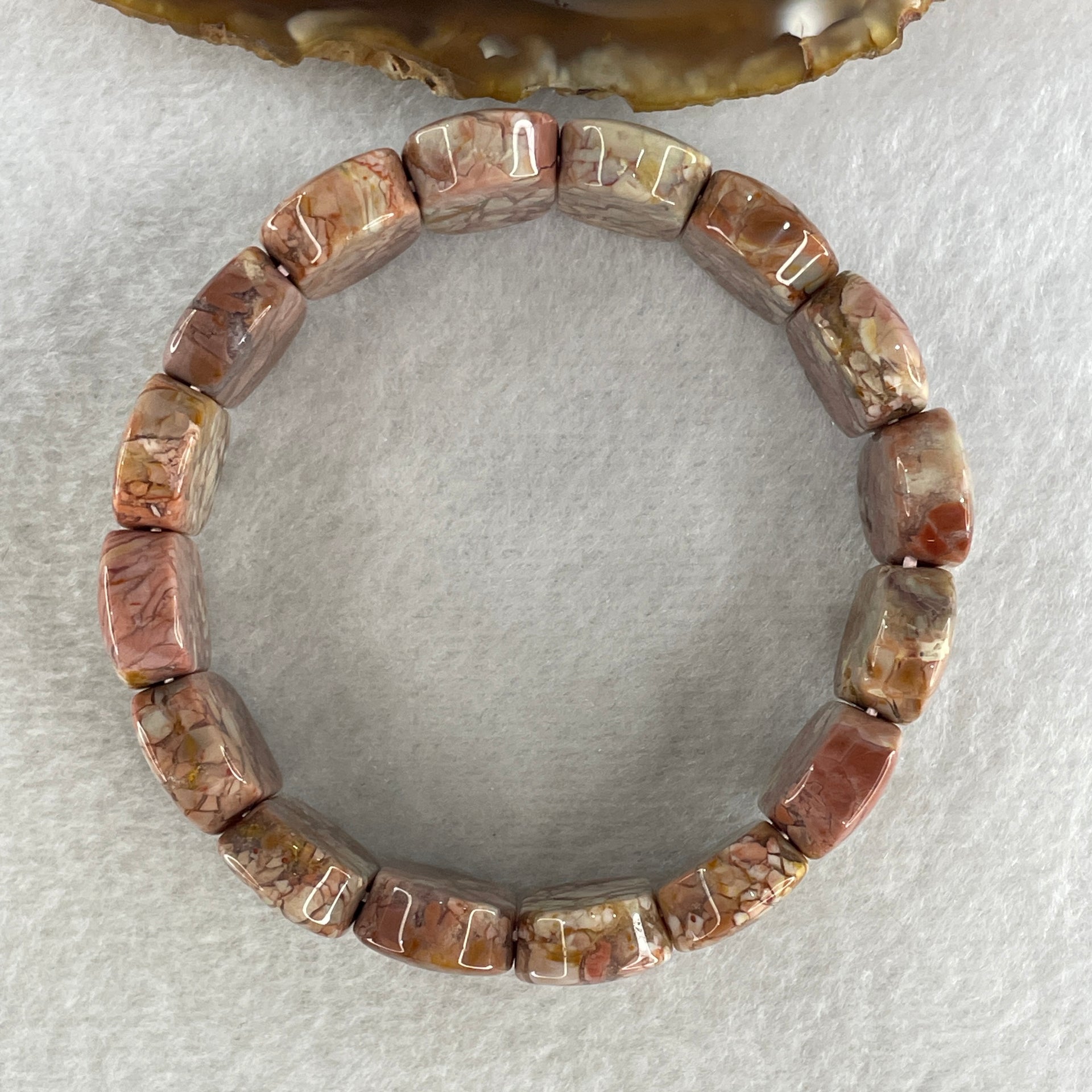 Certified Natural Alashan Agate Pink Shou Pai Bracelet 53.325g 17.5cm 20.3mm 16pcs - Huangs Jadeite and Jewelry Pte Ltd