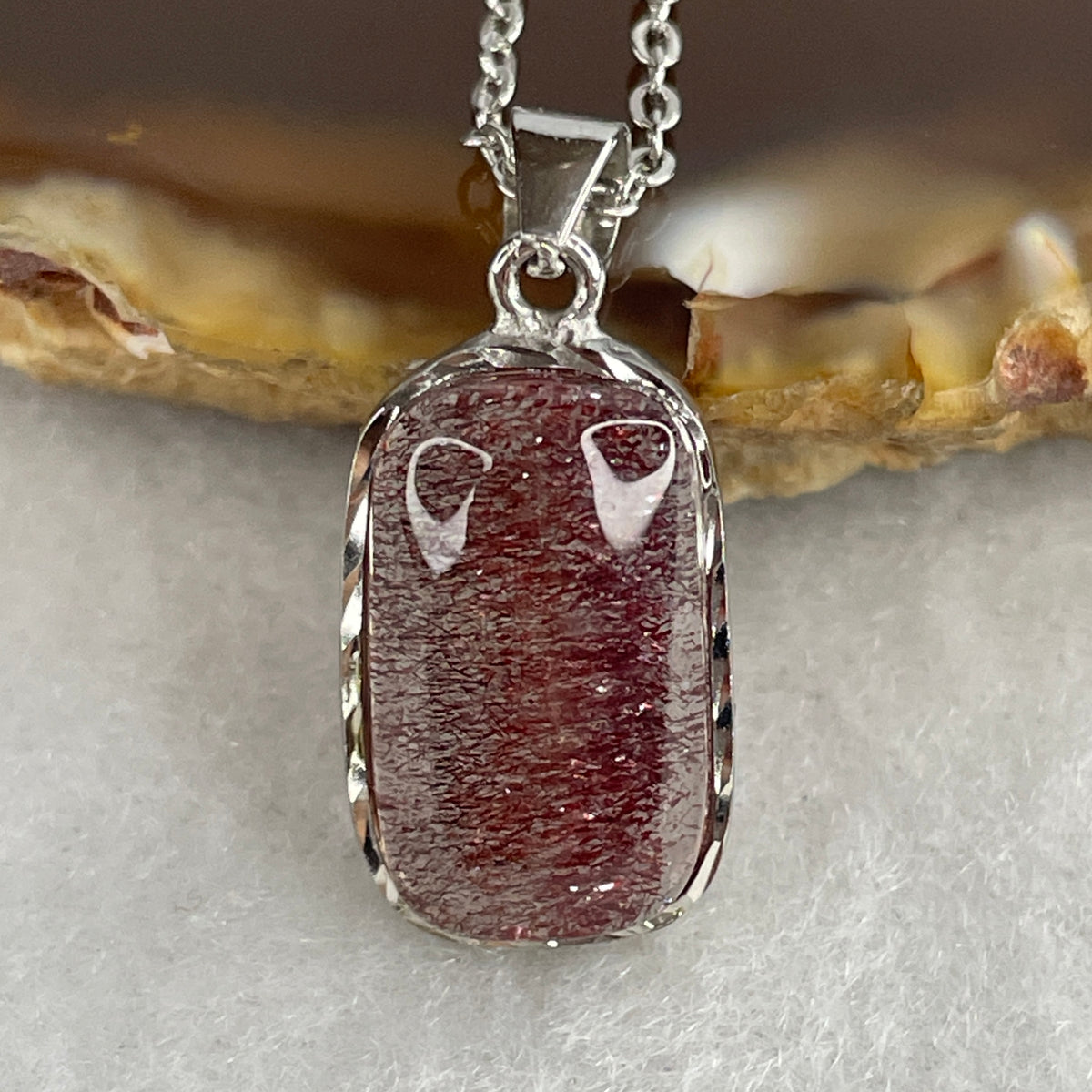 Very Good Grade Natural Strawberry Quartz Super 7 Crystal Rectangular Pendant | S925 Sterling Silver Clasp Necklace (3.18g | 38–44cm Adjustable Length | 14.8 × 8.7 × 4.8mm)