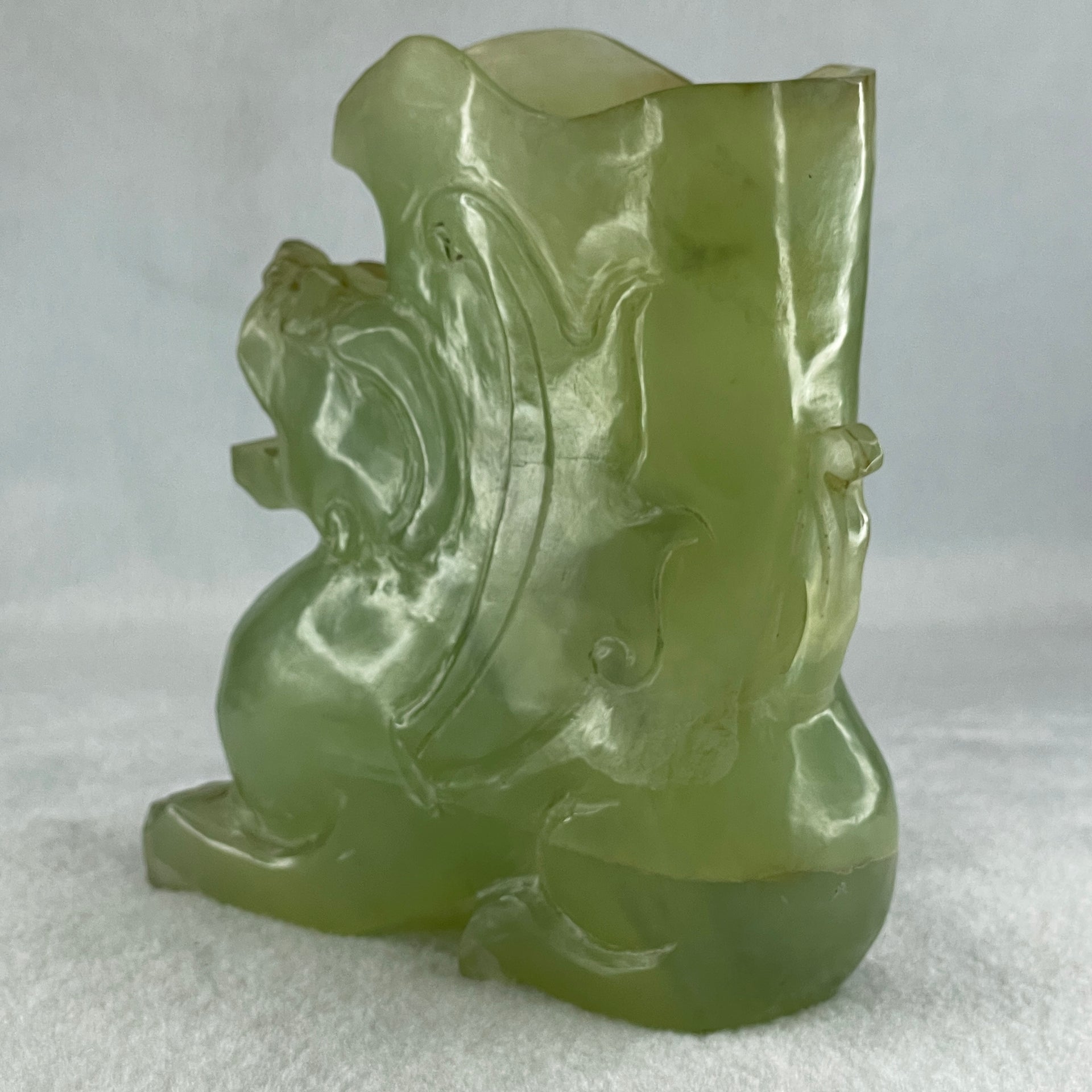Natural Green Serpentine Pixiu Vase Display 989.6g 130.0 by 48.0 by 135.0mm - Huangs Jadeite and Jewelry Pte Ltd