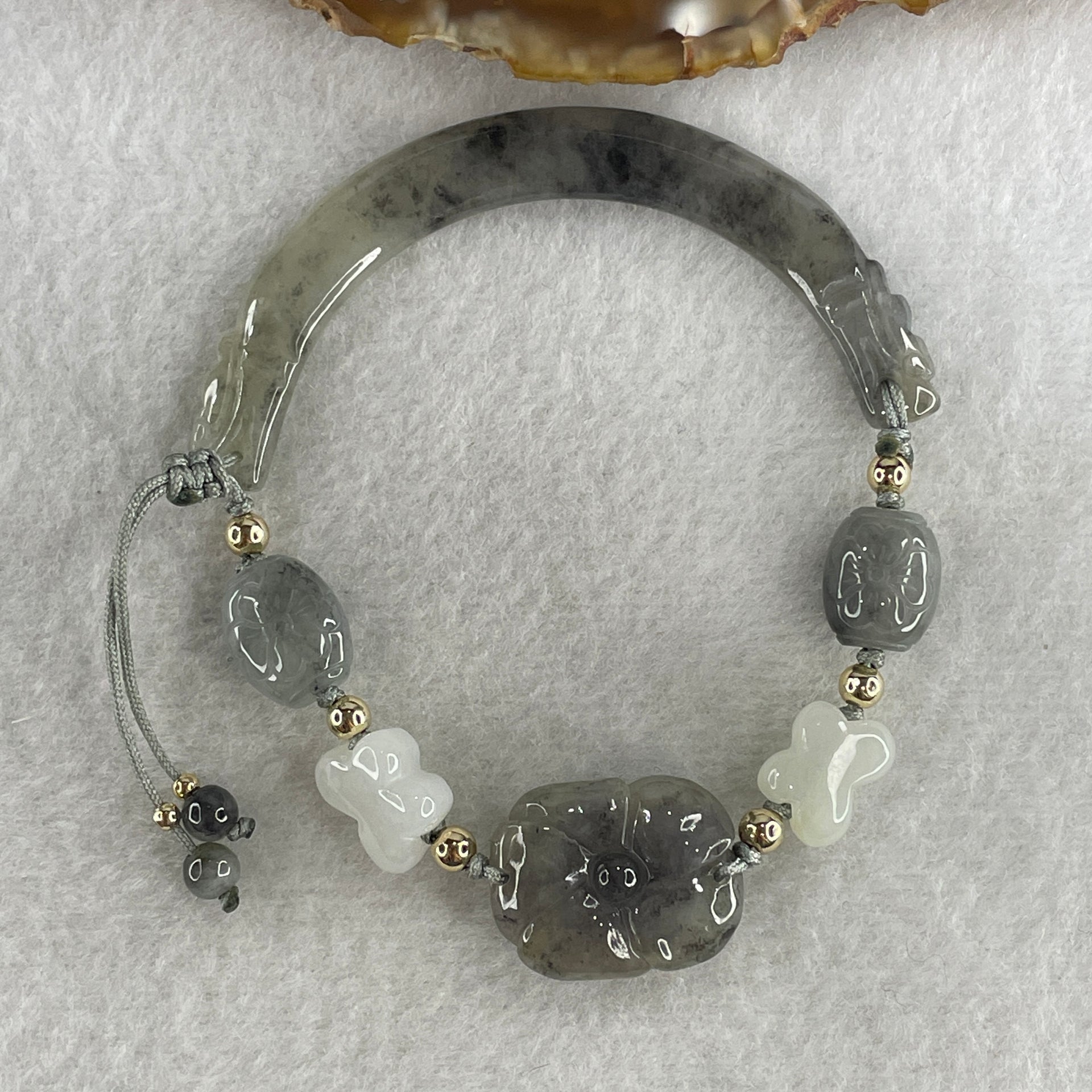 Natural Type A Jelly Wuji Grey Jadeite Double Dragon Head with Lotus Flowers and Butterfly Charm Bracelet 22.46g 4.2 by 8.7mm - Flower 21.1 by 17.2 by 9.7mm - Huangs Jadeite and Jewelry Pte Ltd