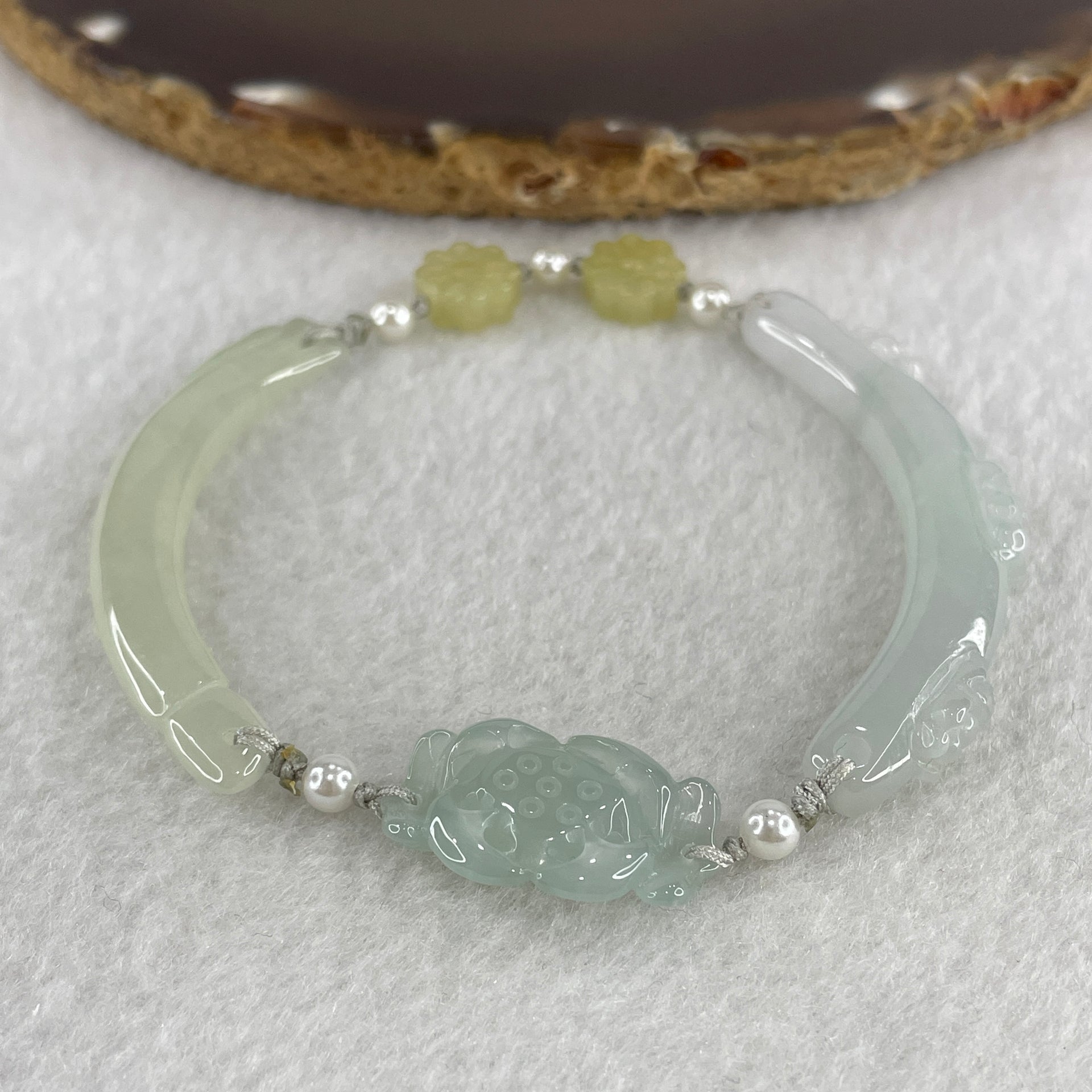 Natural Type A Semi Icy Light Green with Light Lavender Jadeite Flower Bracelet 16.97g 18cm 5.9 by 9.1mm - 22.6 by 14.1 by 5.5mm - Huangs Jadeite and Jewelry Pte Ltd