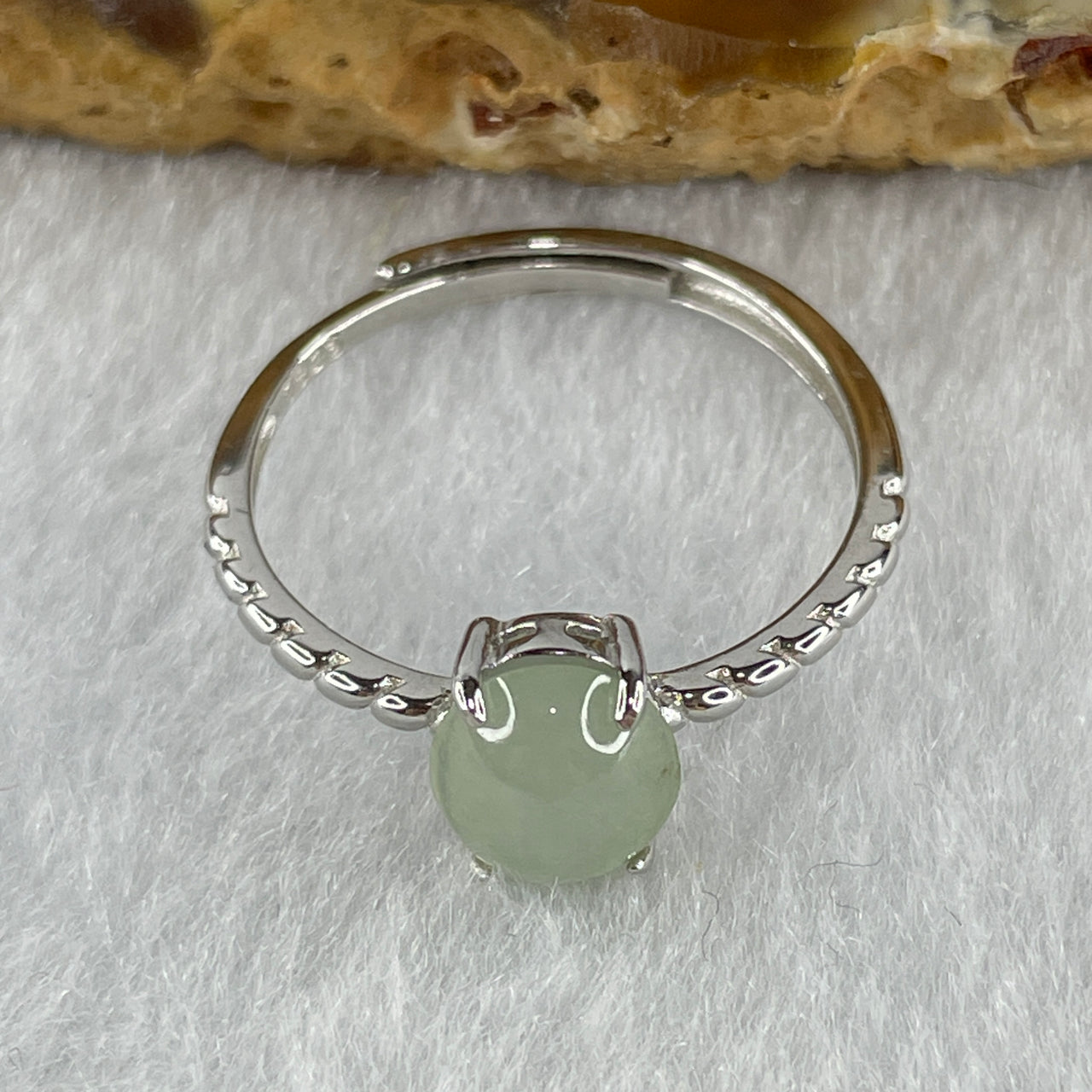 Natural Type A Semi Icy Faint Green Jadeite Oval Shape Cabouchon in S925 Silver Ring (Adjustable Size) 1.47g 7.4 by 6.5 by 4.5mm