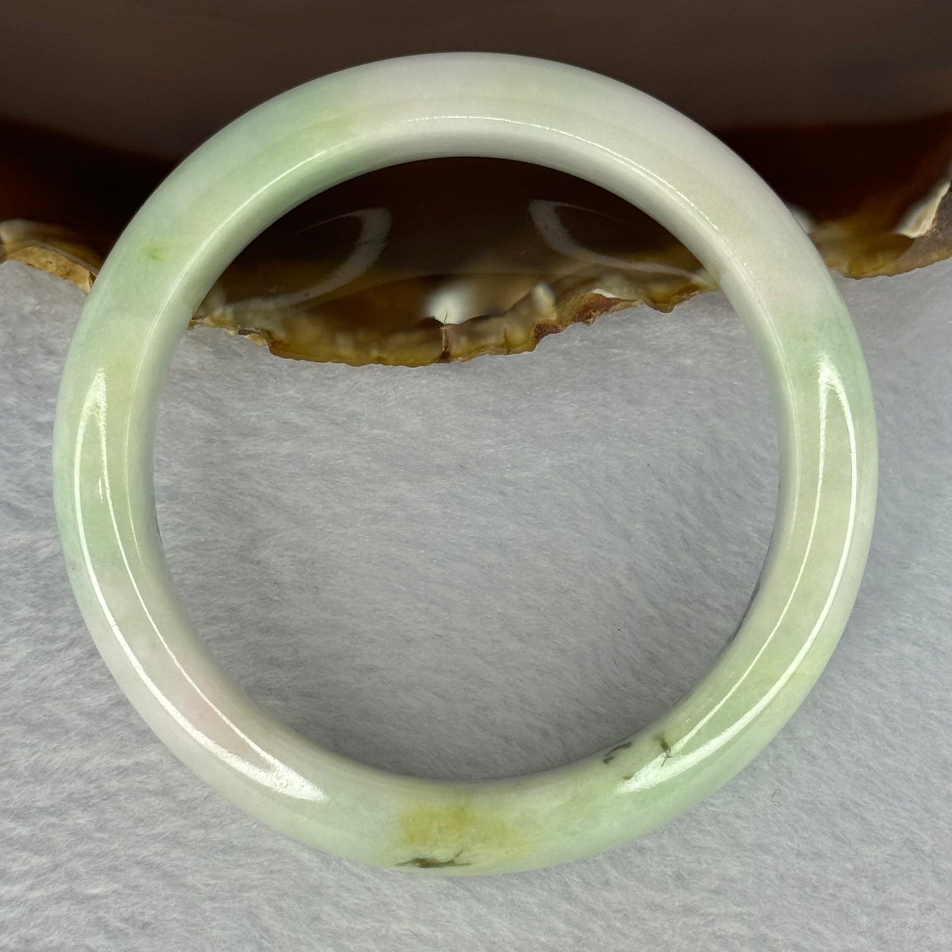Type A Light Green Lavender Yellow with Moss Green Patches Jadeite Bangle Internal Diameter 57.5mm 72.52g 15.2 by 8.7mm (Very Fine External Rough) - Huangs Jadeite and Jewelry Pte Ltd