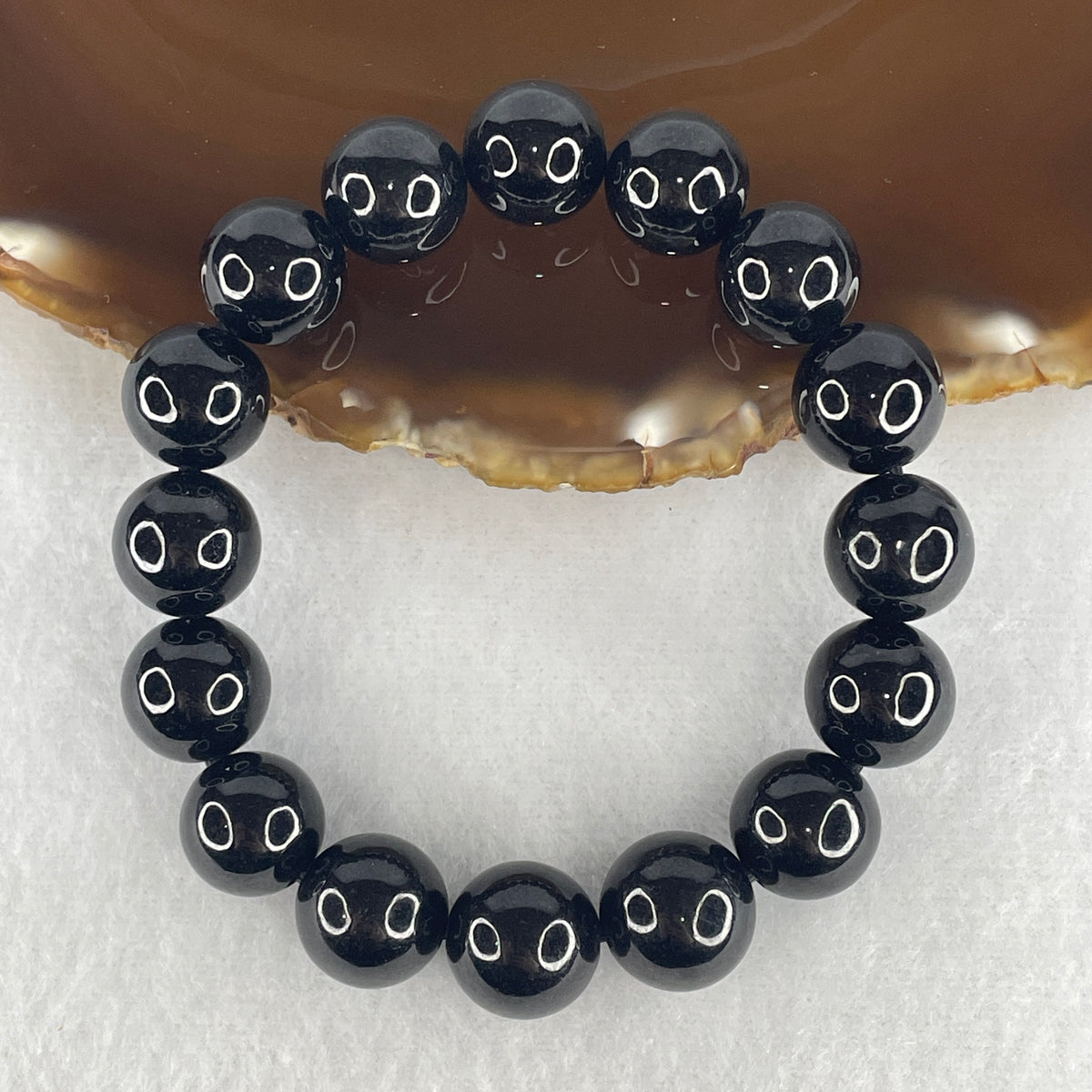Certified Type A Opaque Black Omphacite Jadeite Beads Bracelet | 12.8mm Natural Black Jade Protection & Wealth Talisman (57.42g | 16cm | 16 Beads)