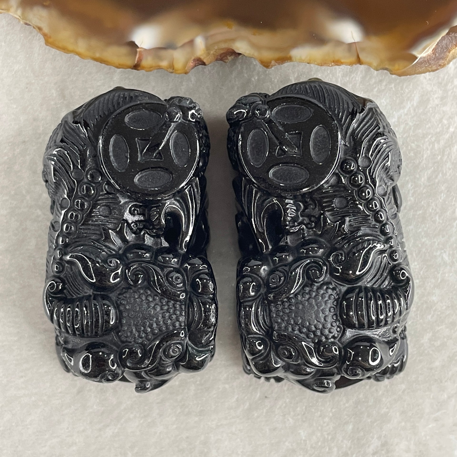 Certified Natural Type A Black Omphacite Jadeite Pixiu pair Pendant Each About 70.55g 52.7 by 29.3 by 22.6mm And 64.17g 49.0 by 27.6 by 23.0mm - Huangs Jadeite and Jewelry Pte Ltd