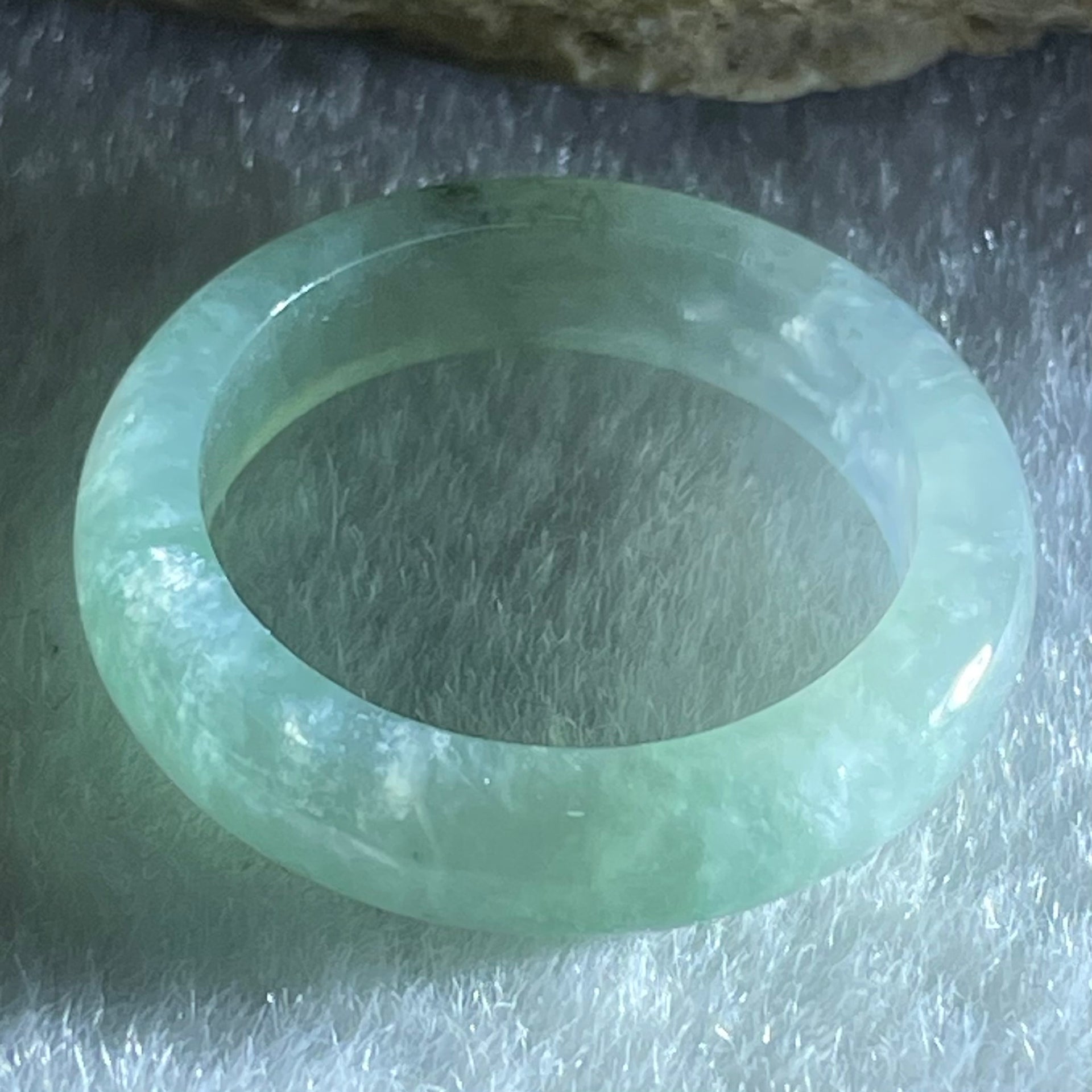 Type A Semi Icy Faint Blueish Green With Blueish Green Patches Jadeite Ring 2.44g 4.8 by 3.2 US6.75 HK14.8 (Very Slight Internal Lines) - Huangs Jadeite and Jewelry Pte Ltd