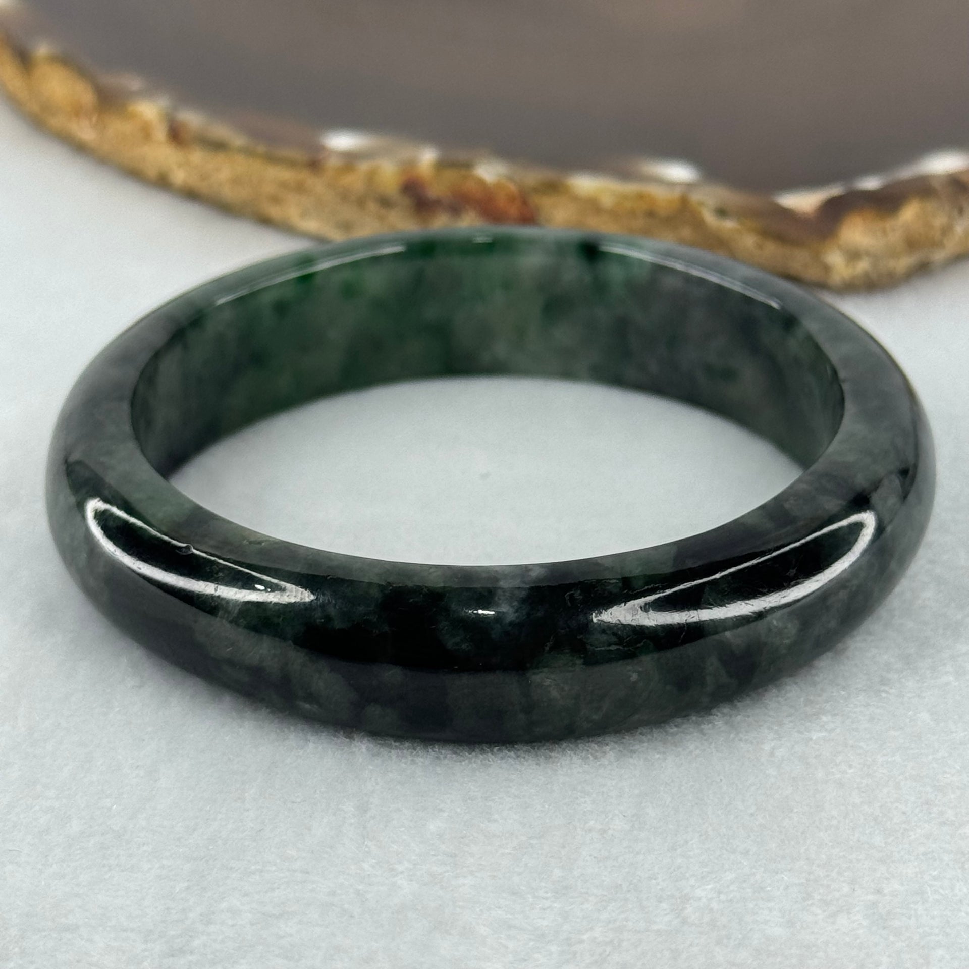 Type A Dark Green with Black and Emerald Green Piao Hua Jadeite Bangle Internal Diameter 55.7mm 57.67g 13.8 by 8.2mm (Very Slight External Rough) - Huangs Jadeite and Jewelry Pte Ltd