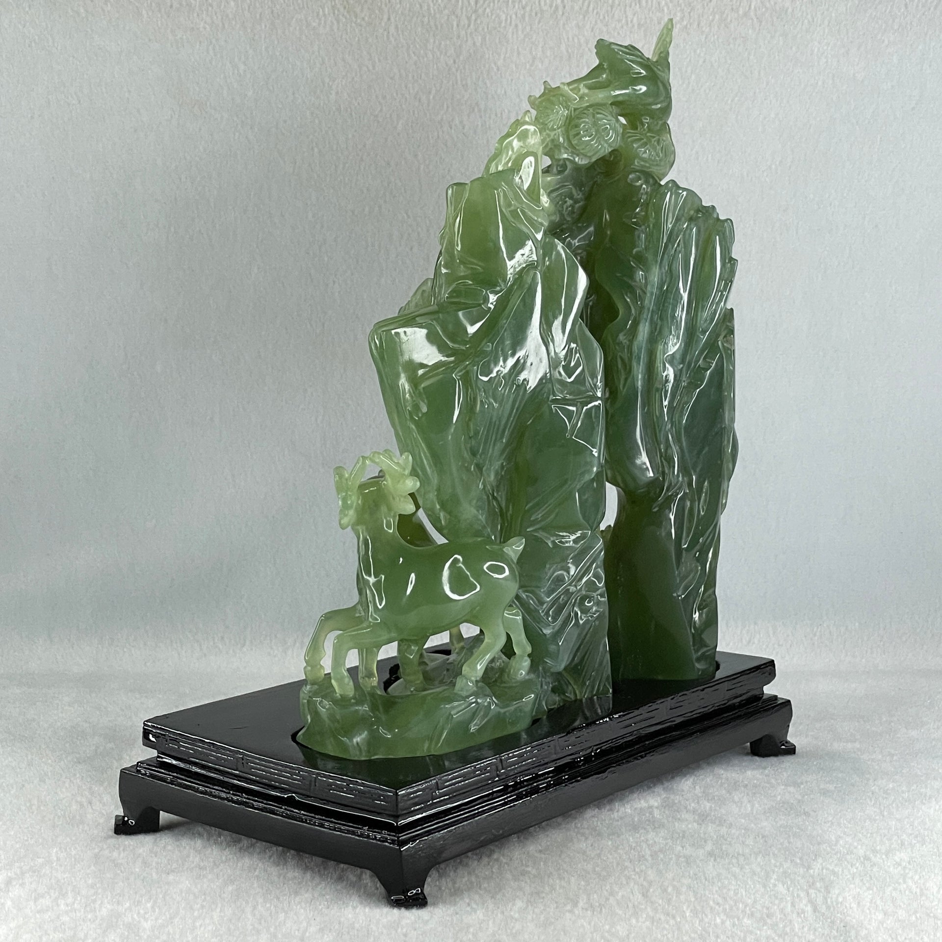 Natural Icy Dark Green Serpentine Double Reindeers with Twin Cranes on Shan Shui with Wooden Stand Display 1,804.8g 210.0 by 109.0 by 228.0mm - Huangs Jadeite and Jewelry Pte Ltd