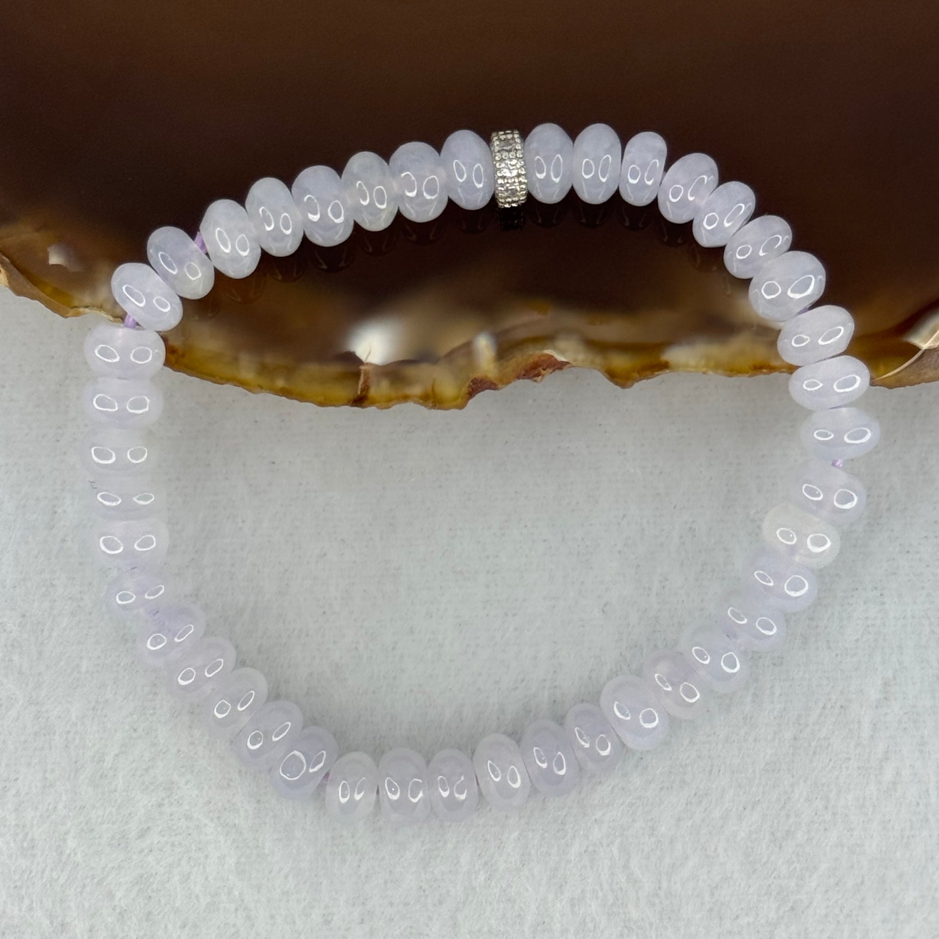 Type A Semi Icy Light Lavender Jadeite Beads Bracelet 16.63g 14.5cm 6.5cm 42 Beads - Huangs Jadeite and Jewelry Pte Ltd