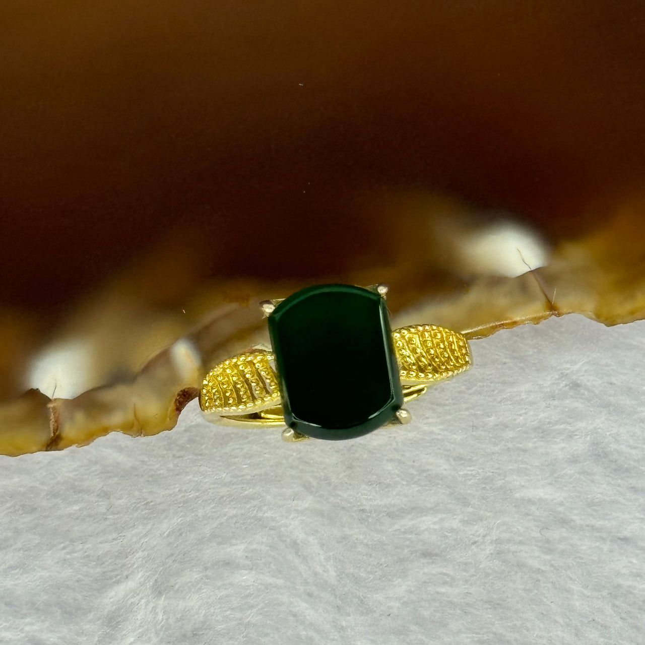 Type A Icy Green Omphasite Jadeite with Crystals in S925 Sliver Ring Gold Color (Adjustable Size) 2.35g 10.4 by 6.2 by 2.5mm - Huangs Jadeite and Jewelry Pte Ltd