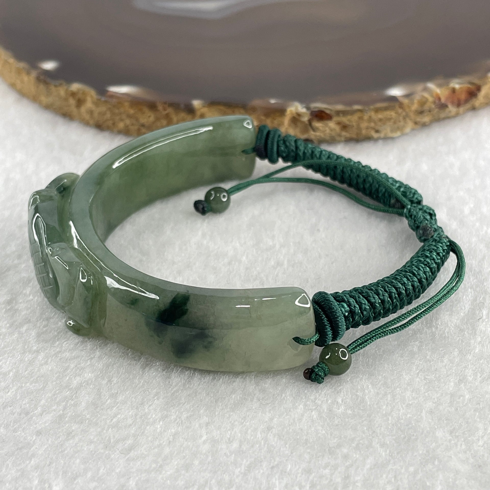 Natural Type A Jelly Green with Dark Green Piao Hua Jadeite Carp Fish with Coin Bracelet 37.48g 16cm 14.0 by 11.8mm - Huangs Jadeite and Jewelry Pte Ltd