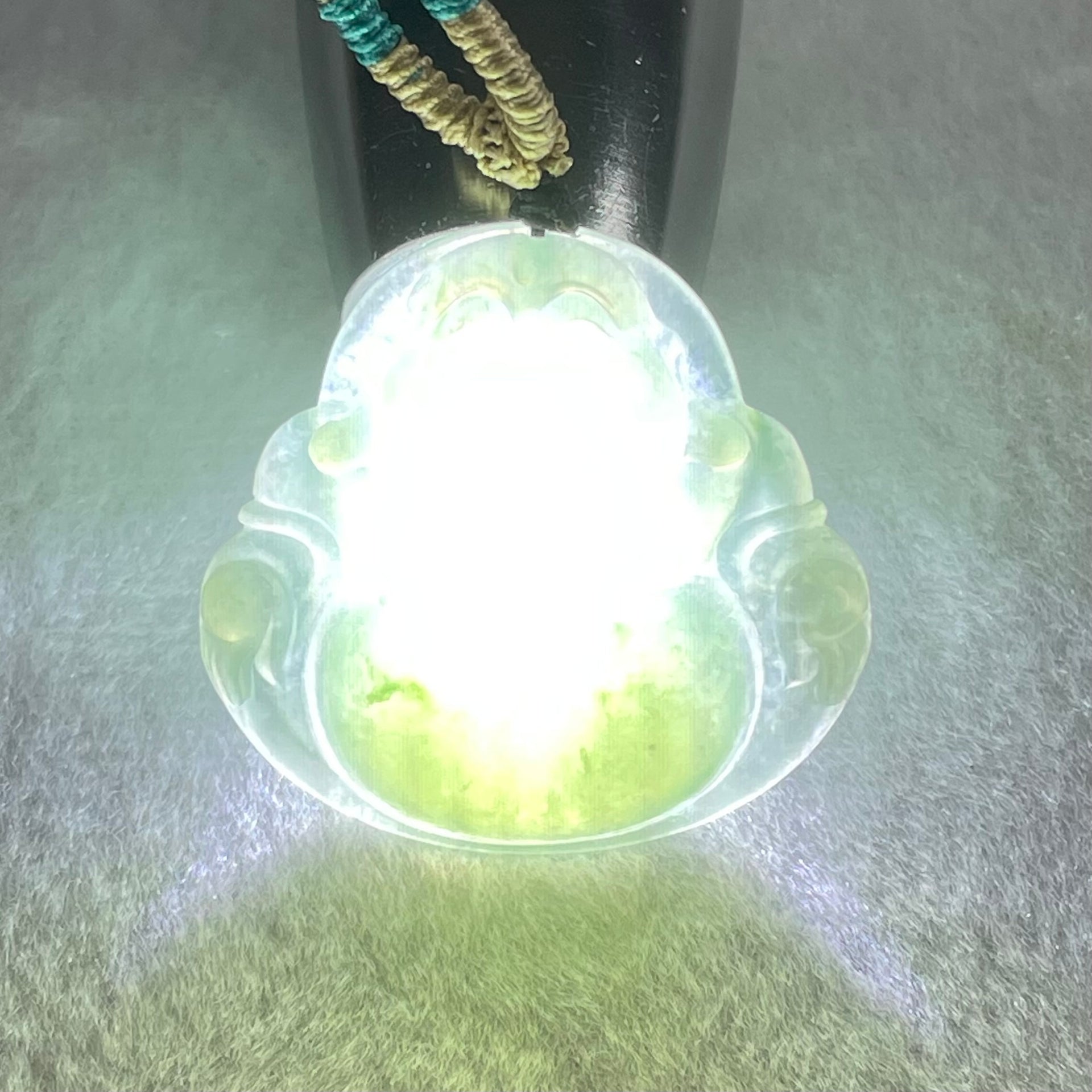 Type A Icy Green with Blueish Green Piao Hua Floral Jadeite Milo Buddha Pendant 13.81g 33.8 by 36.3 by 6.5mm - Huangs Jadeite and Jewelry Pte Ltd