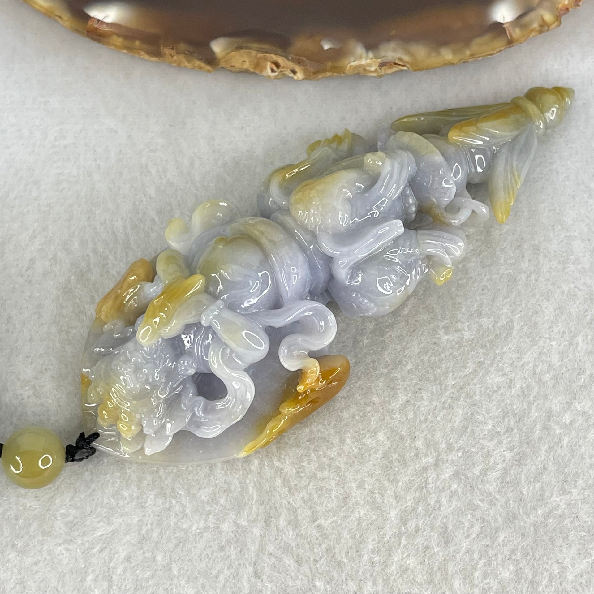 Type A Deep Lavender with Brownish Patches Jadeite Acala on 3 Elephants and Dagger Pendant Necklace 72.27g 89.6 by 34.0 by 20.3mm - Huangs Jadeite and Jewelry Pte Ltd
