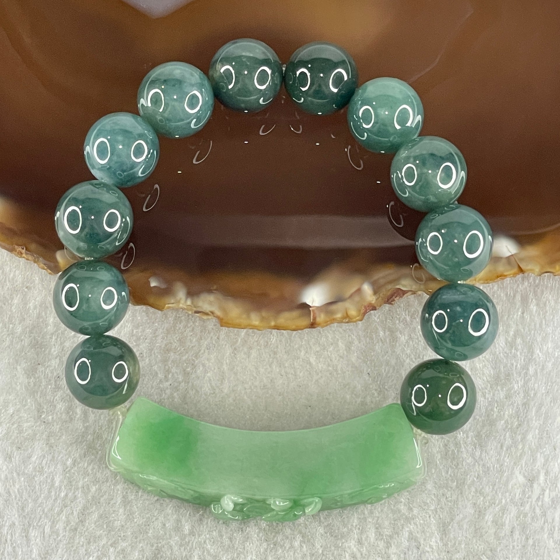 Type A Burmese Old Mine Blueish Green Jadeite Beads with Green Jadeite Twin Koi Fish and Flower Bracelet 60.96g 12.8mm 12 Beads 51.5 by 10.4 by 14.4mm - Huangs Jadeite and Jewelry Pte Ltd