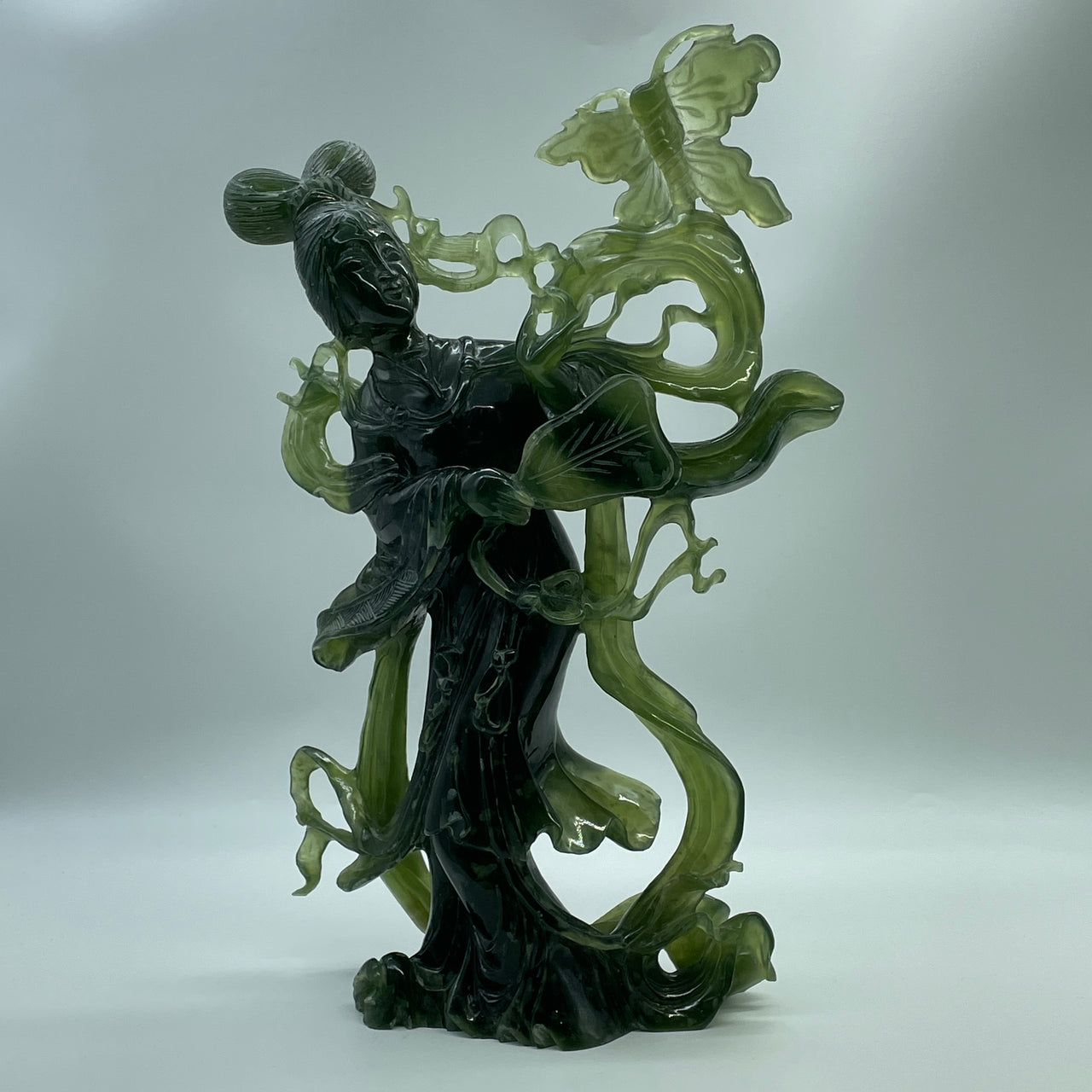 Natural Semi Icy Dark Green Serpentine Fairy with Butterfly and Fan Display 2,695.3g 222.0 by 95.0 by 350.0mm